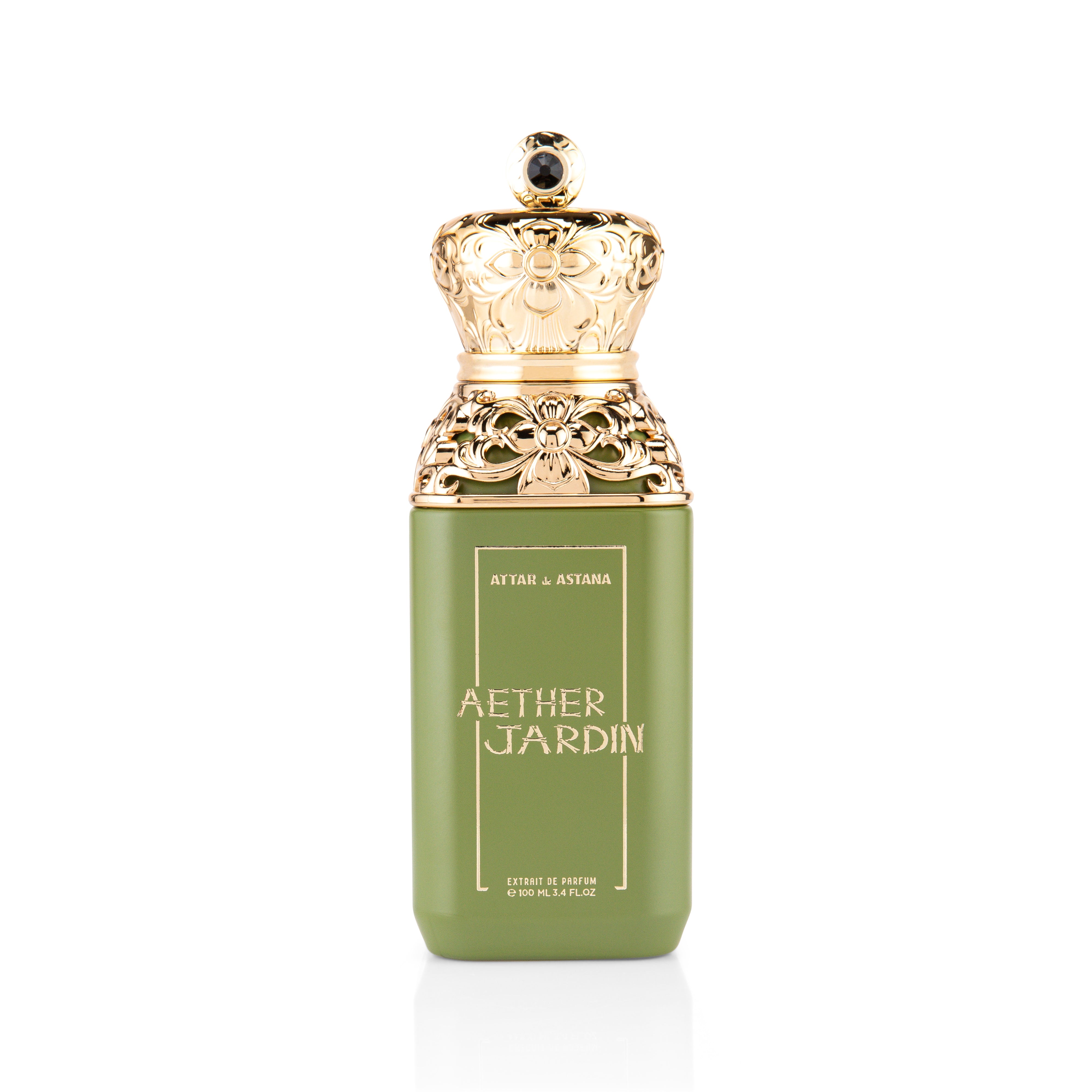 AETHER JARDIN 100 ML Extrait De Parfum by Attar de Astana perfume bottle with gold cap and green body on a white background
