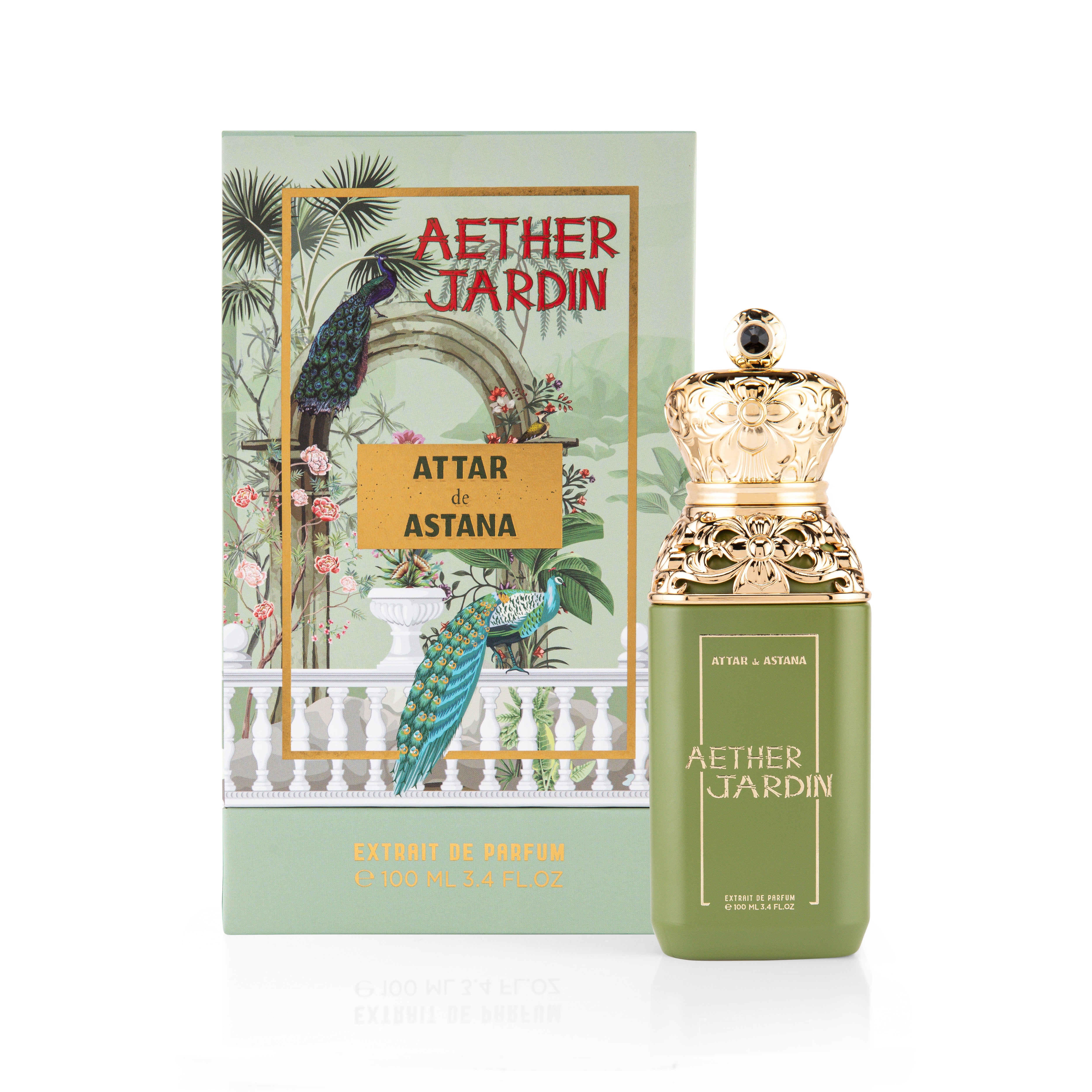 Aether Jardin 100 ML Extrait De Parfum by Attar de Astana perfume bottle and packaging with peacock design on a white background