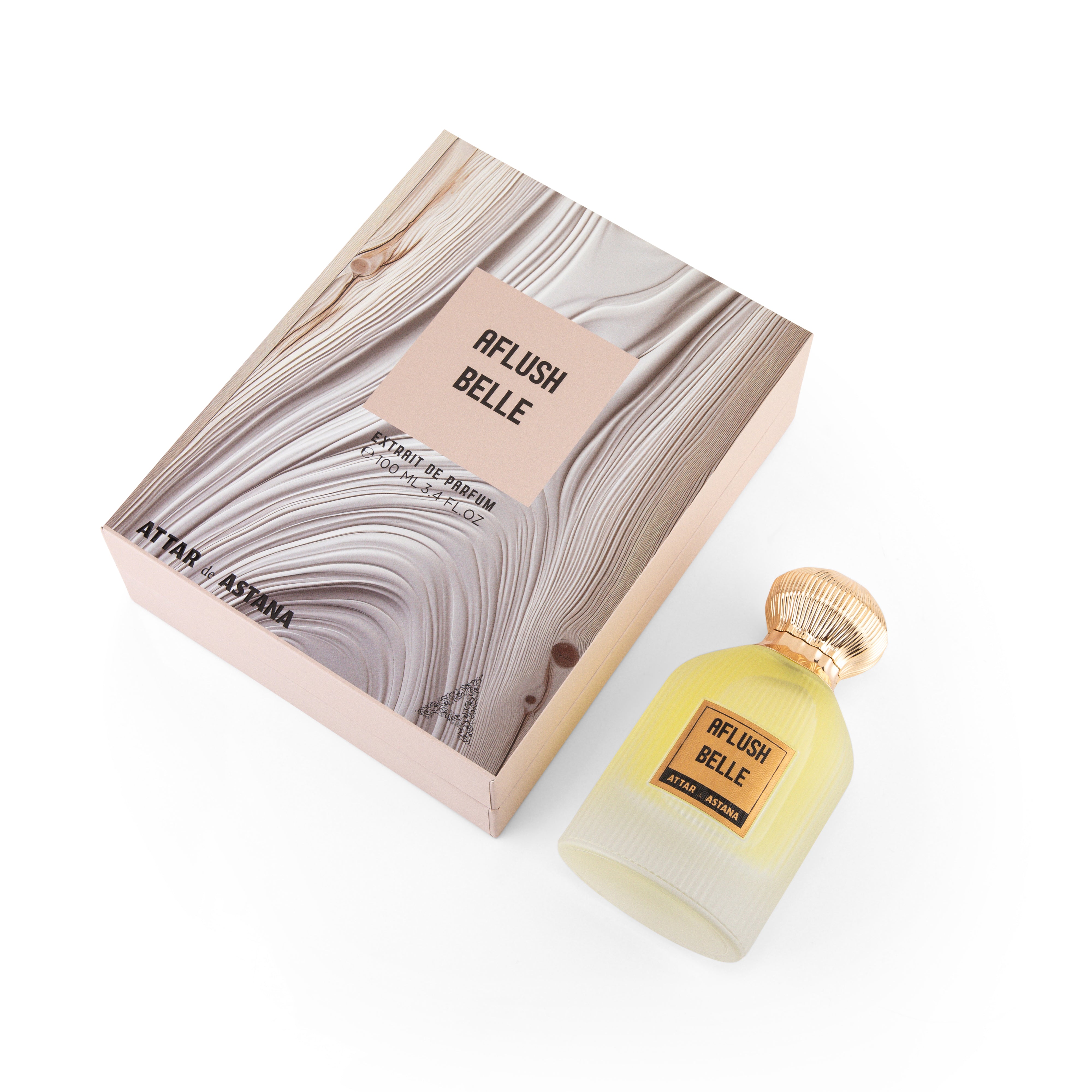 Aflush Belle 100 ML Extrait De Parfum by Attar de Astana Perfume bottle and packaging with 'Aflush Belle' branding on a white background