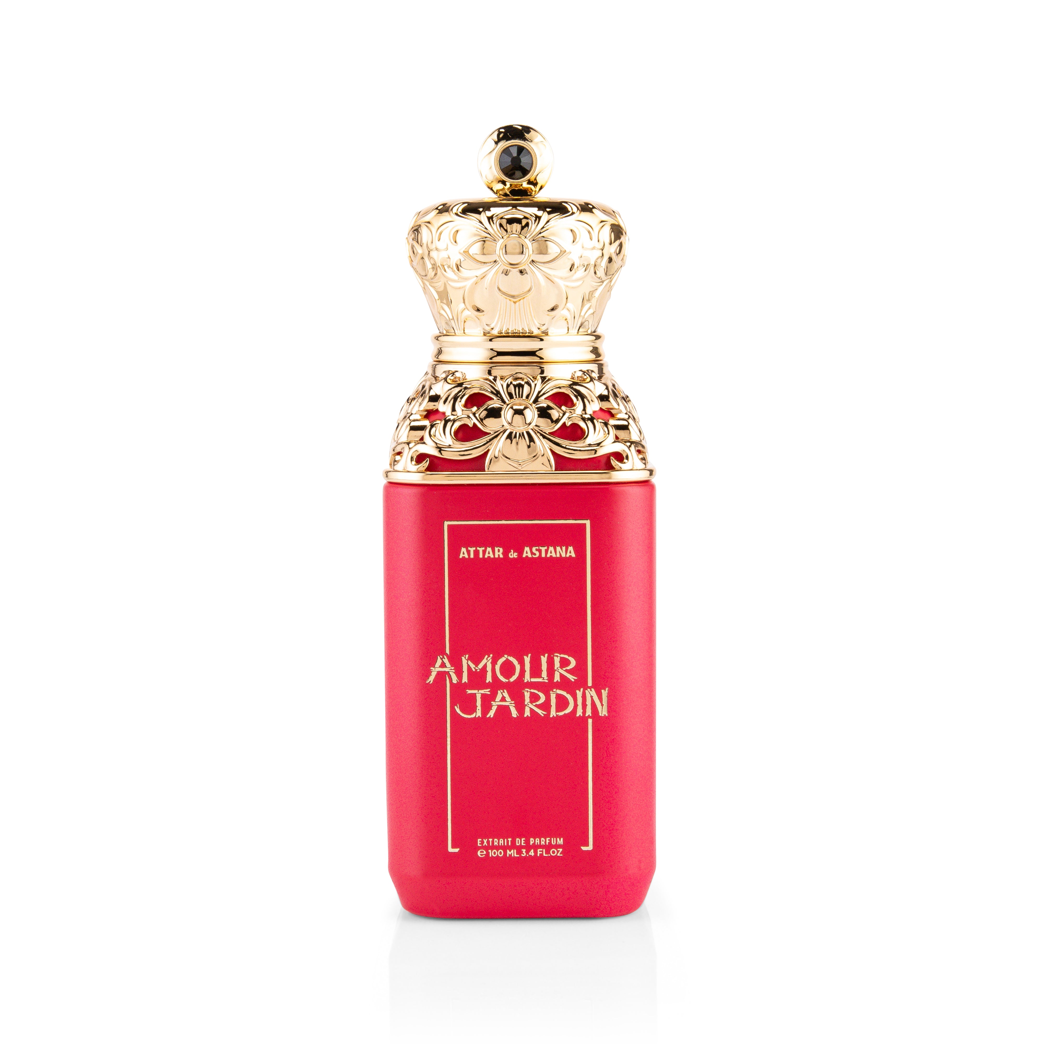 Amour Jardin 100 ML Extrait De Parfum by Attar de Astana Red perfume bottle with gold cap on a white background