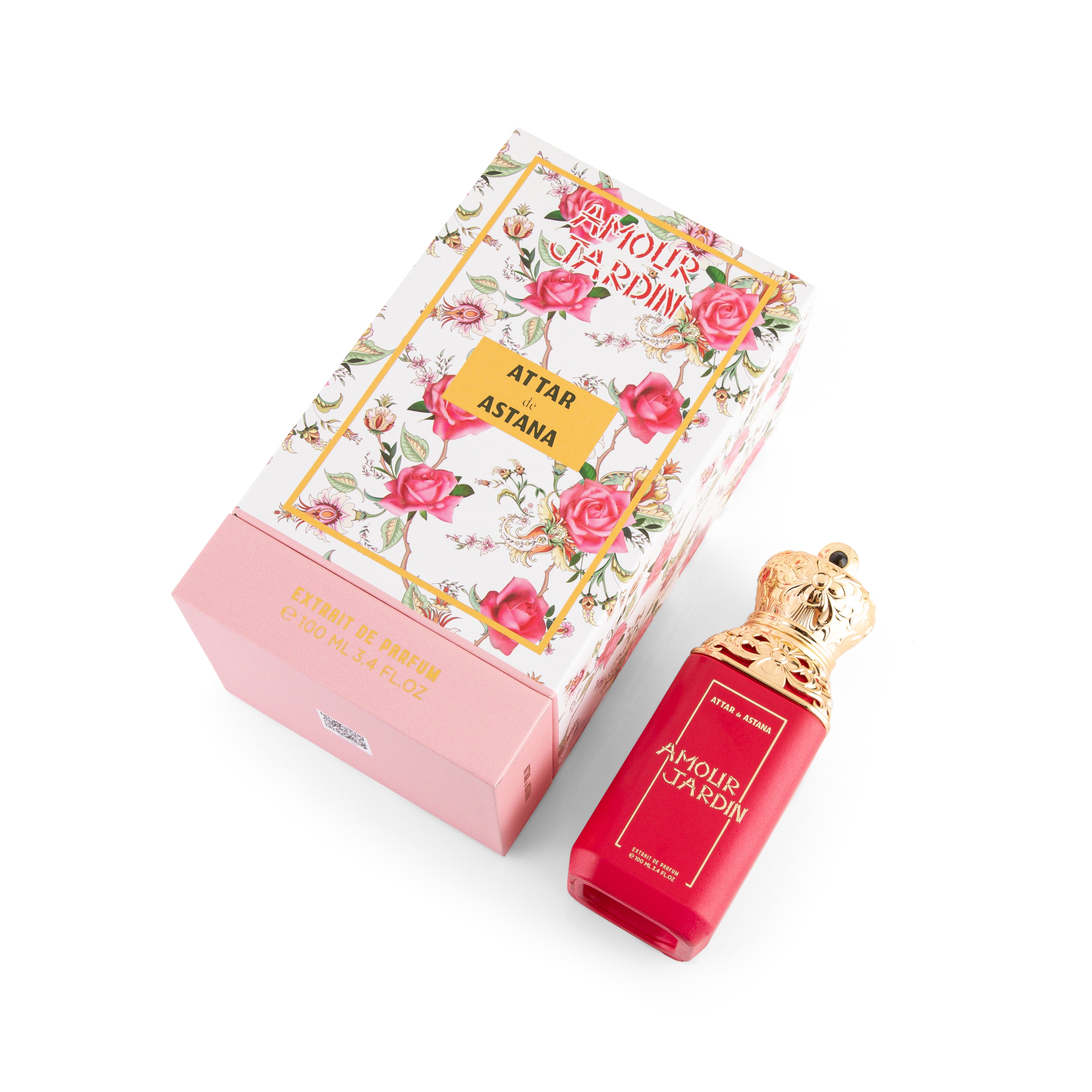 Amour Jaedin 100 ML Extrait De Parfum by Attar de Astana Perfume bottle and packaging with floral design on a white background