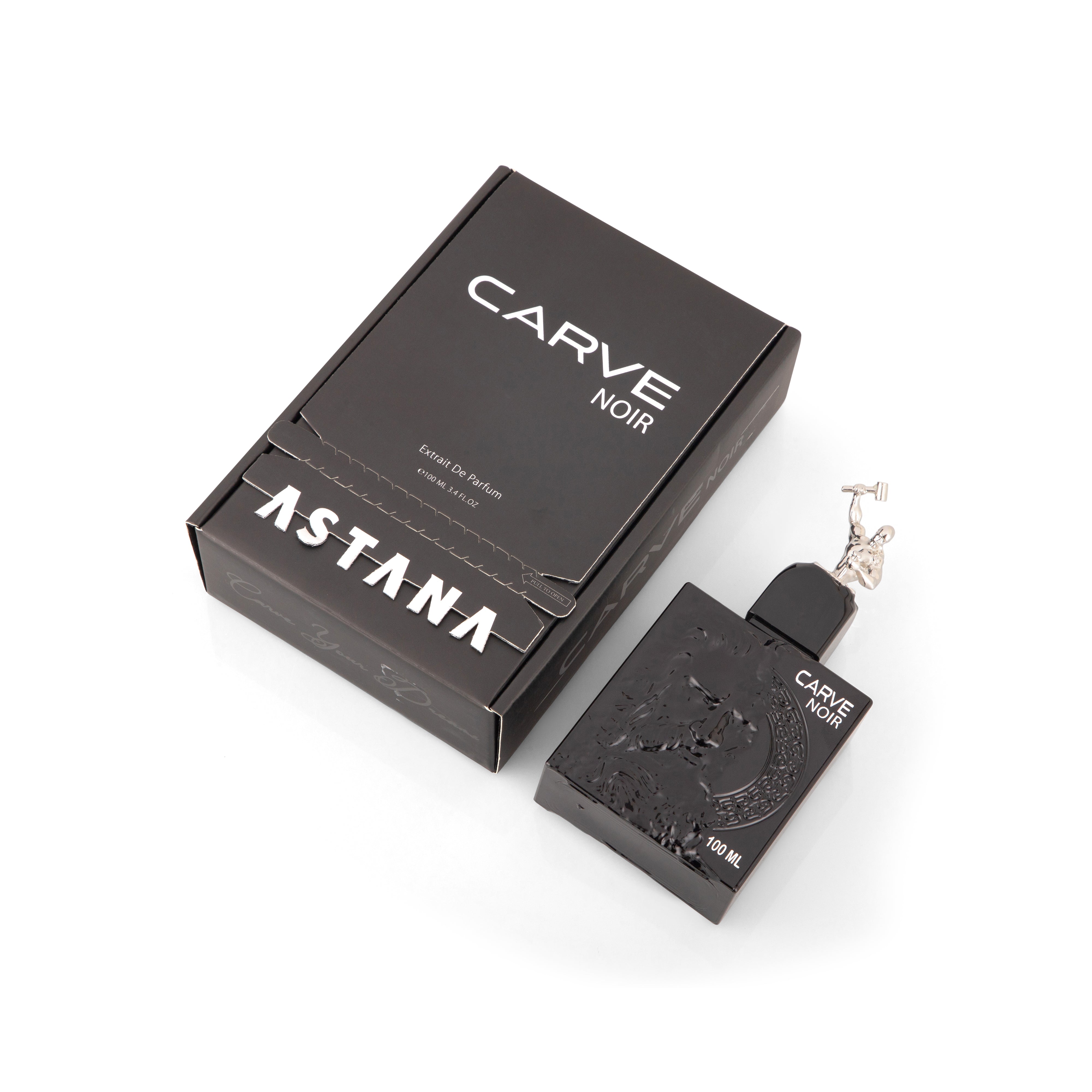 Carve Noir Extrait de Parfum 100 ML Black perfume bottle and packaging with 'Carve Noir' branding on a white background