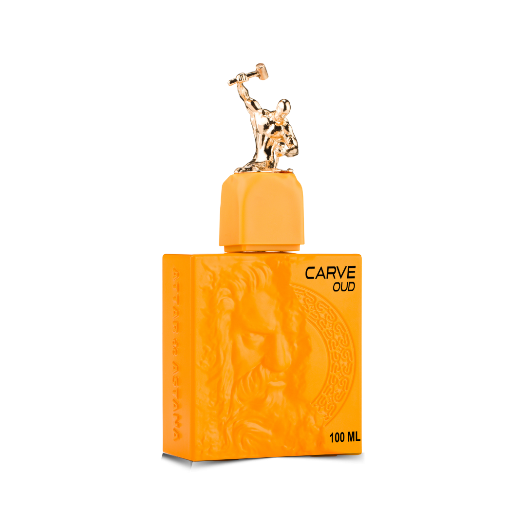 Carve OUD 100 ML EDP (Extrait De Parfum) by Attar de Astana Orange perfume bottle with intricate design and gold cap on a white background