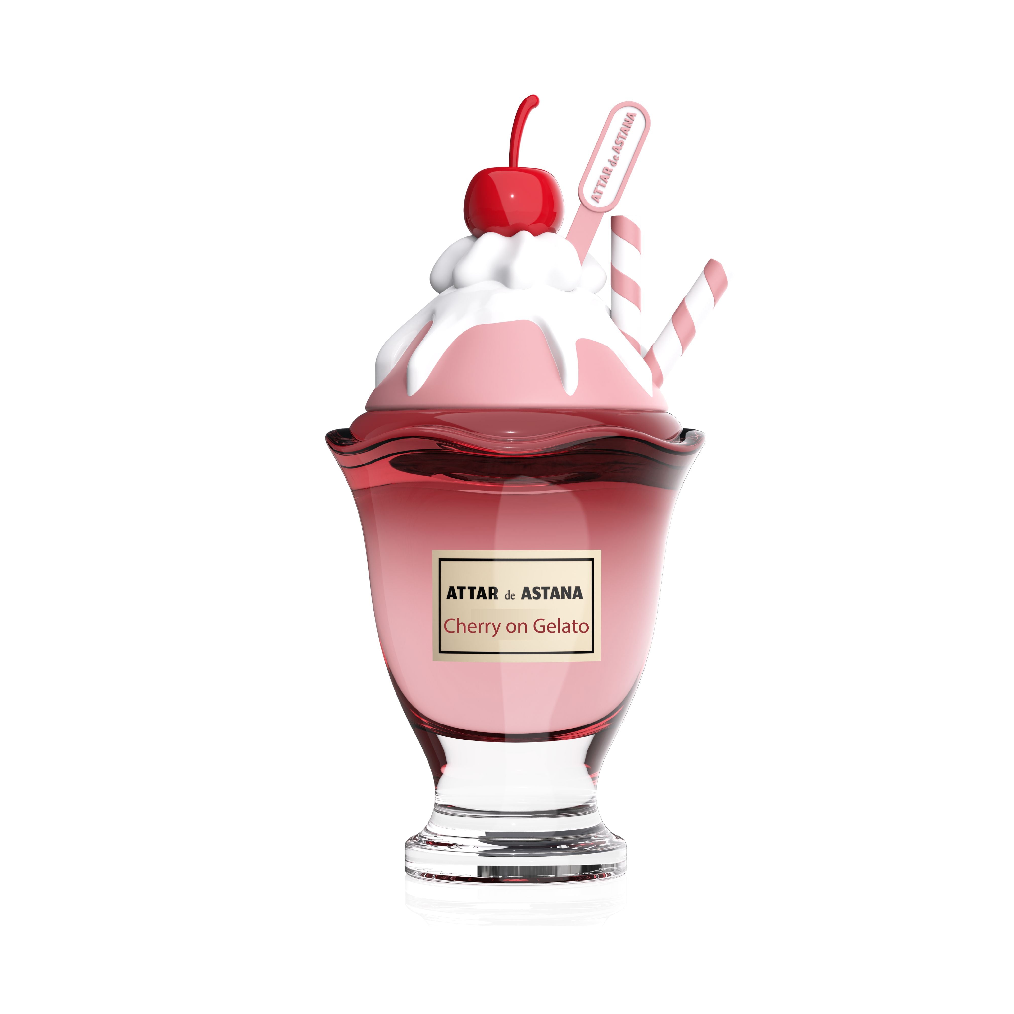 Cherry on Gelato 100 ML Extrait De Parfum by Attar de Astana Perfume bottle designed like a cherry on gelato with 'Attar of Astana' label.