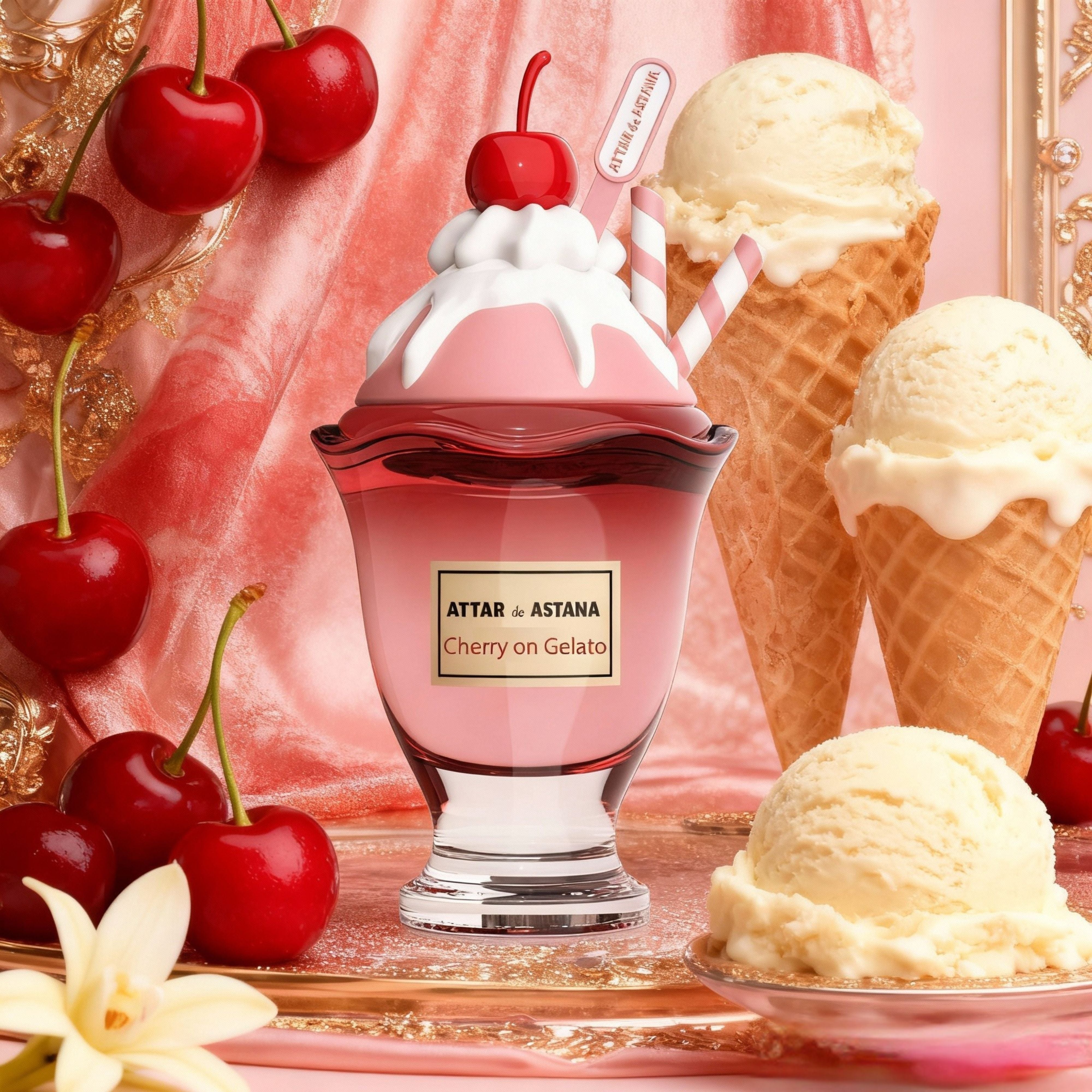 Attar de Astana Cherry on Gelato 100 ML Extrait De Parfum by perfume bottle with ice cream cones and cherries on a decorative background