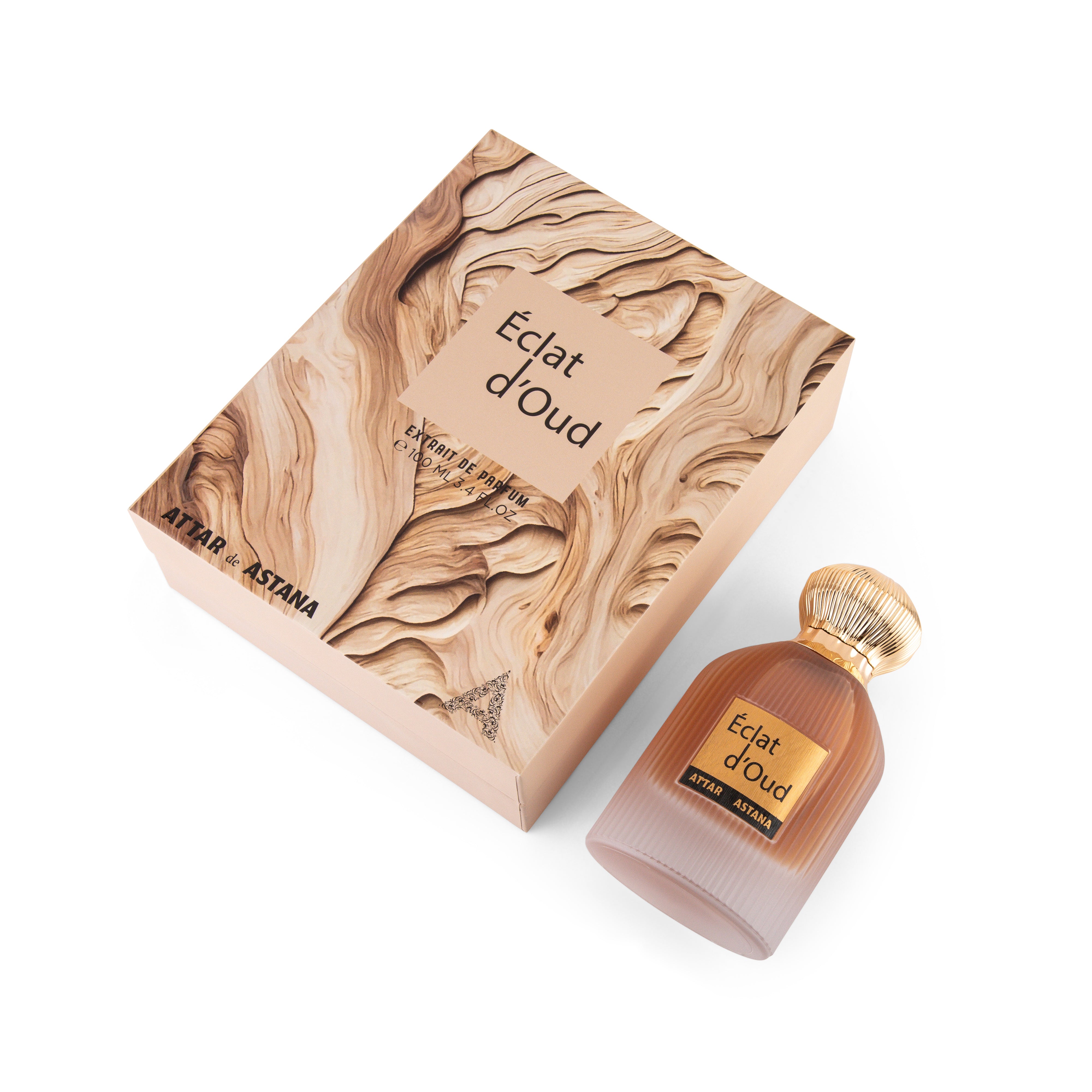 Eclat d'Oud EXTRAIT DE PERFUM 100 ML perfume bottle and packaging on a white background BY ATTAR DE ASTANA
