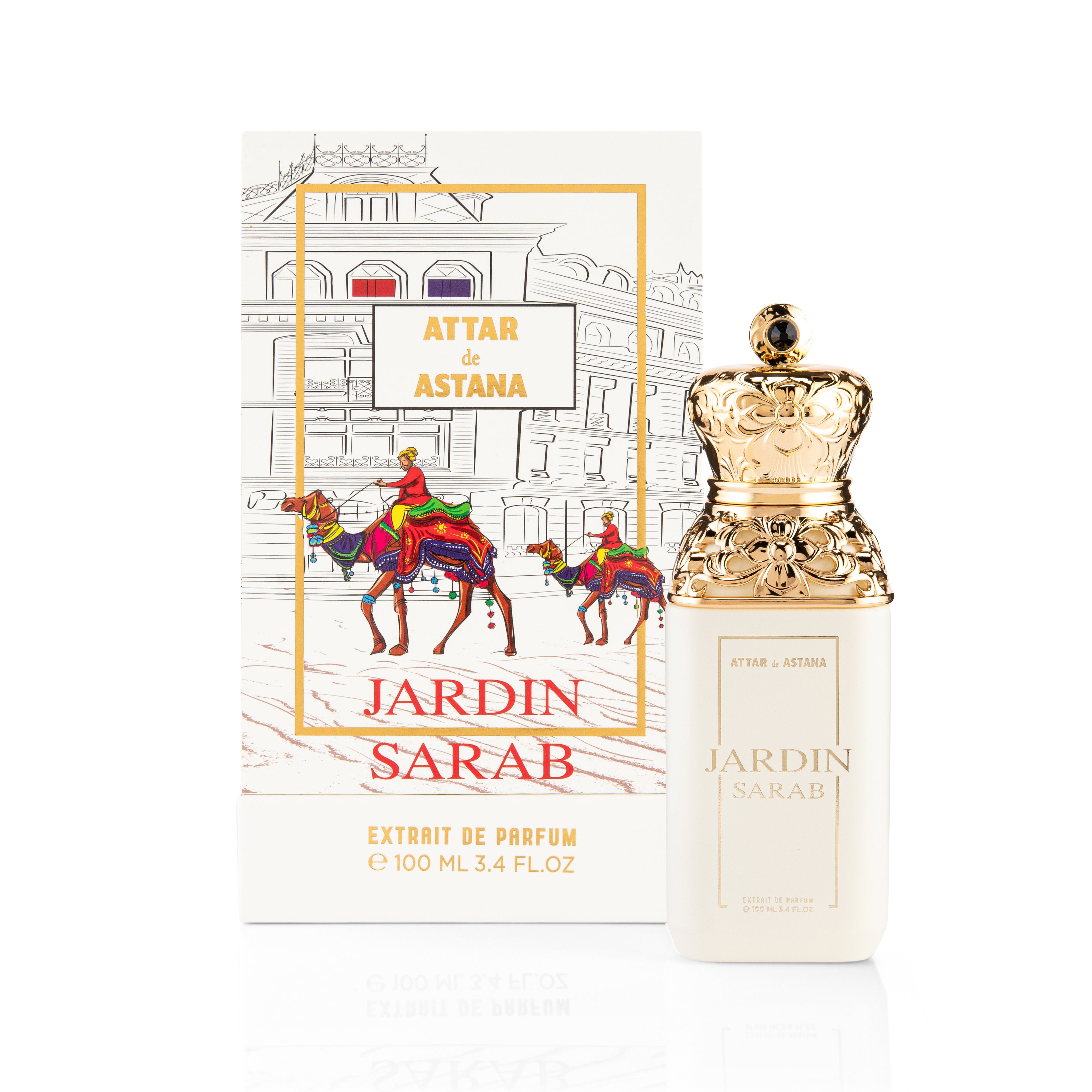 Jardin Sarab EXTRAIT DE PERFUM 100 ML perfume bottle with packaging on a white background BY ATTAR DE ASTANA