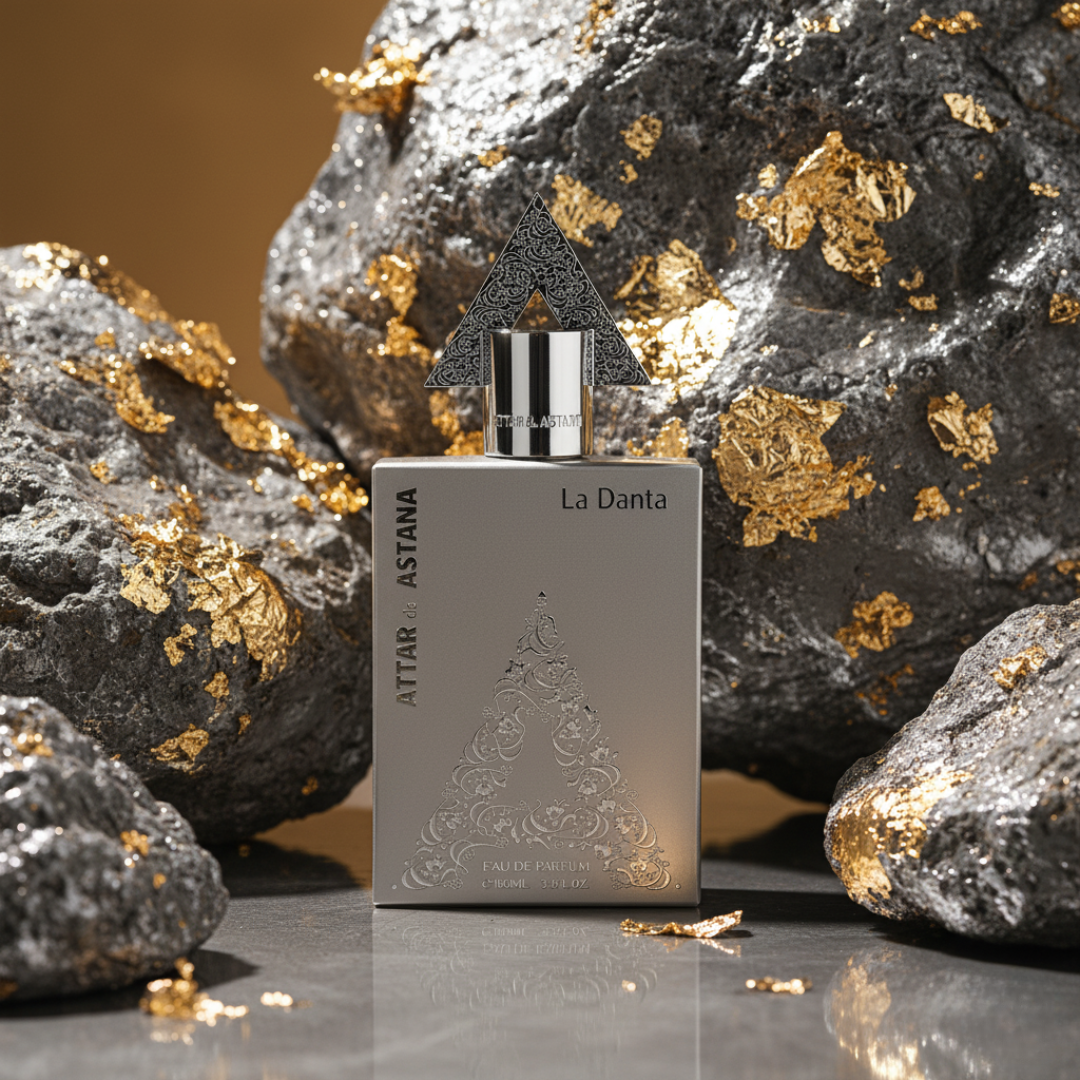 La Danta extrait de perfum perfume bottle with decorative packaging on a rocky background by attar de astana