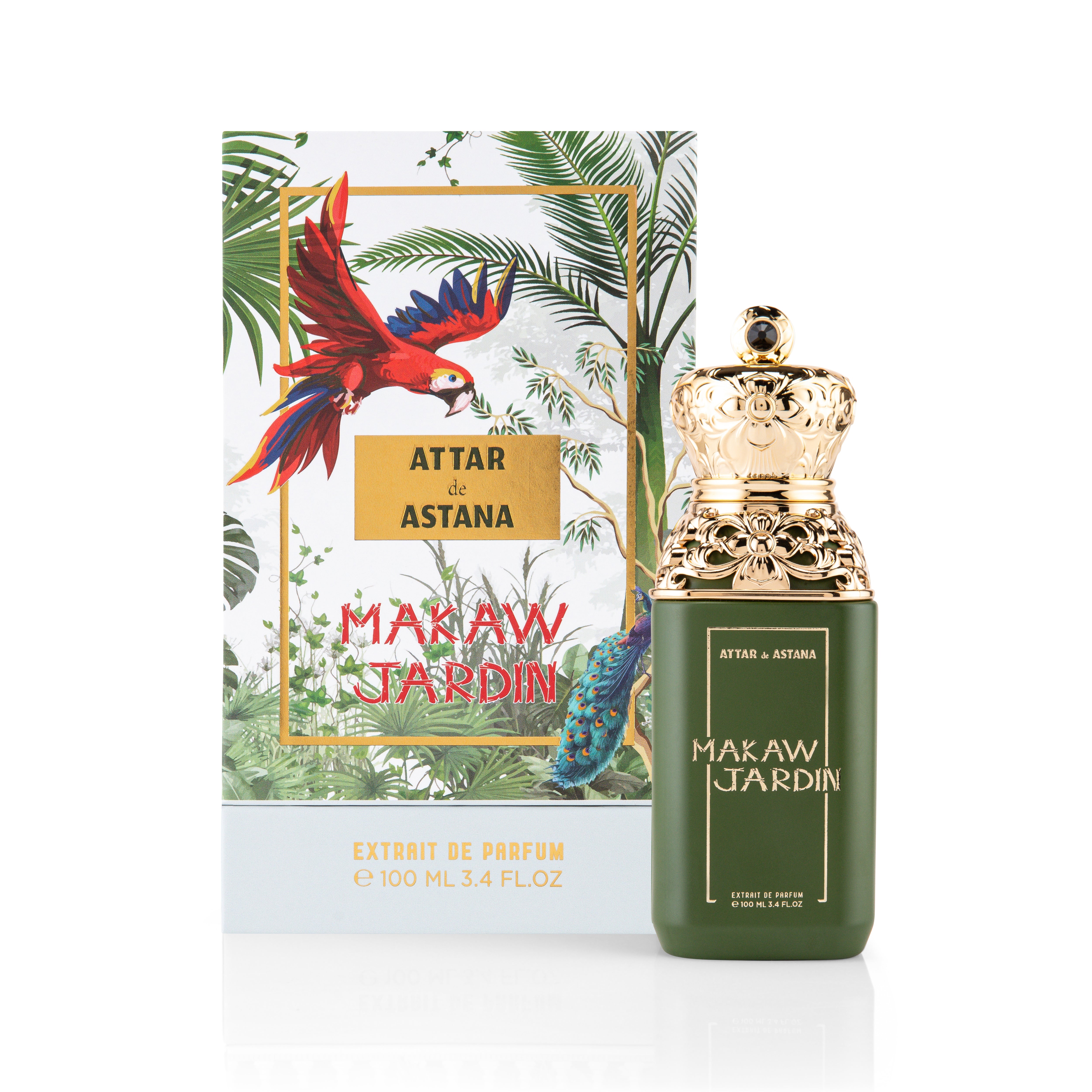 100 ML Extrait De Parfum by Attar de Astana Perfume bottle and packaging with 'Attar Astana' makaw jardin branding and parrot illustration.