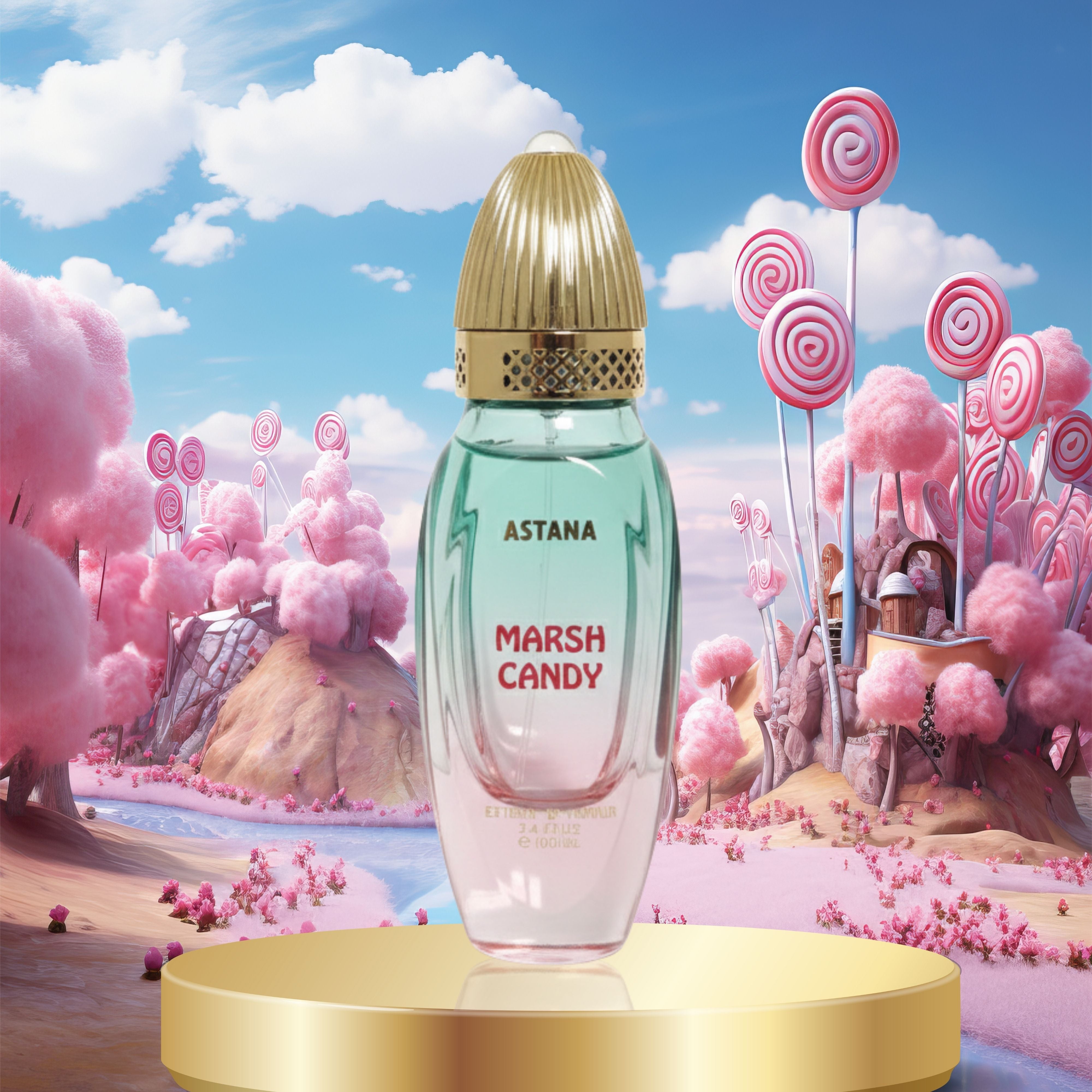 Perfume bottle labeled 'Astana Marsh Candy' with a whimsical background featuring candy-themed landscape. Extrait de Parfum by attar de astana