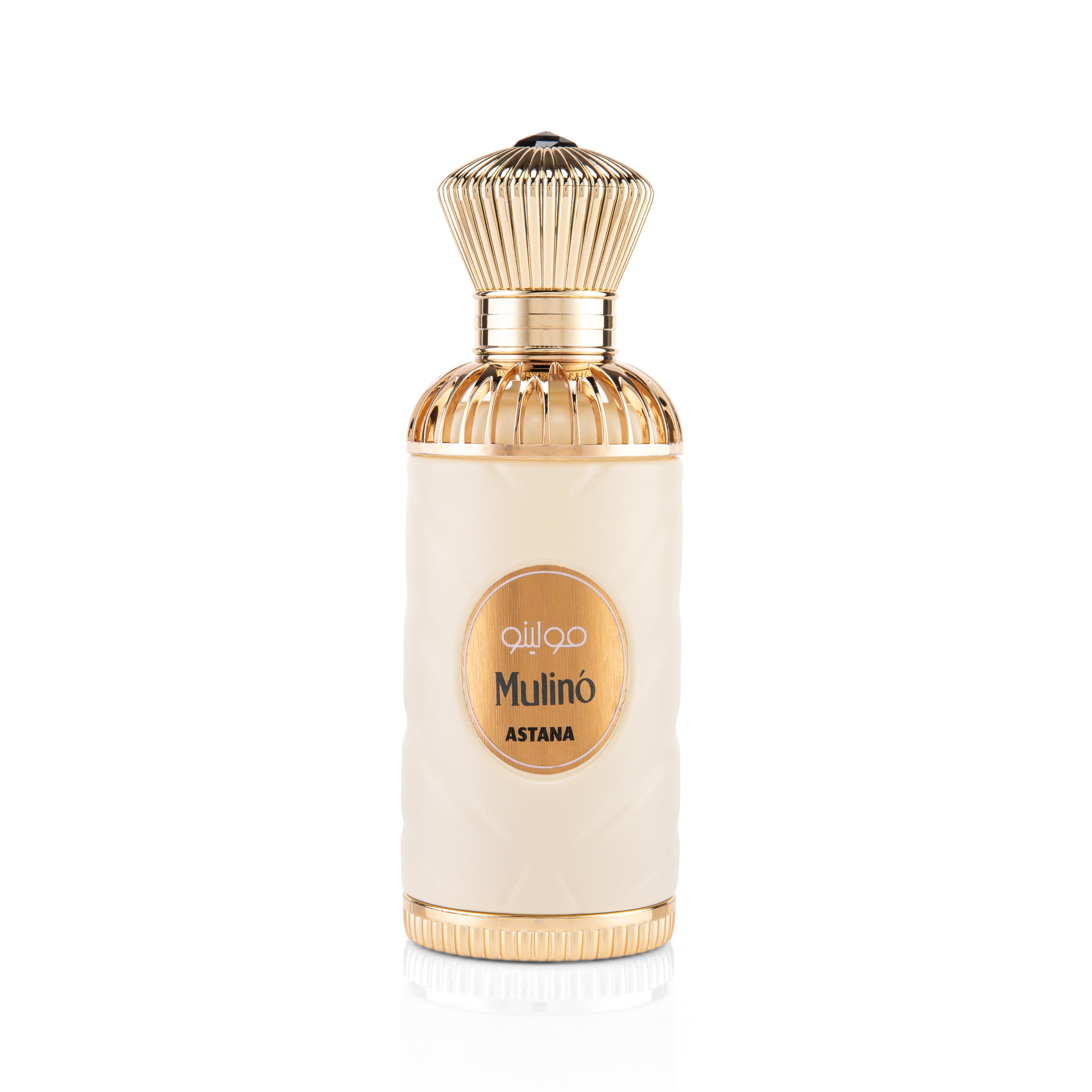 MULINO EXTRAIT DE PERFUM 100 ML BY ATTAR DE ASTANA Perfume bottle with gold cap and label on a white background