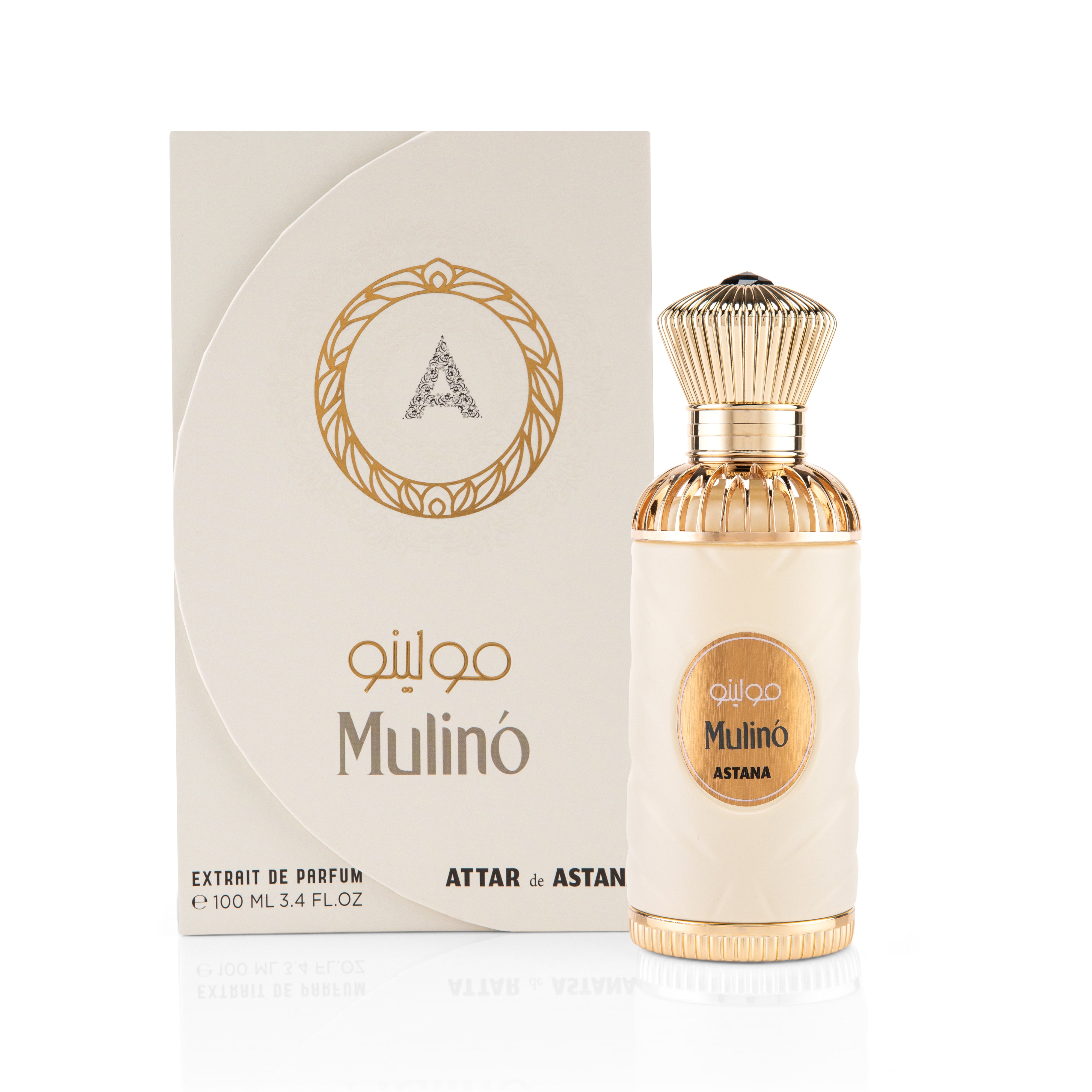 Mulino EXTRAIT DE PERFUM 100 ML BY ATTAR DE ASTANA perfume bottle and packaging on a white background