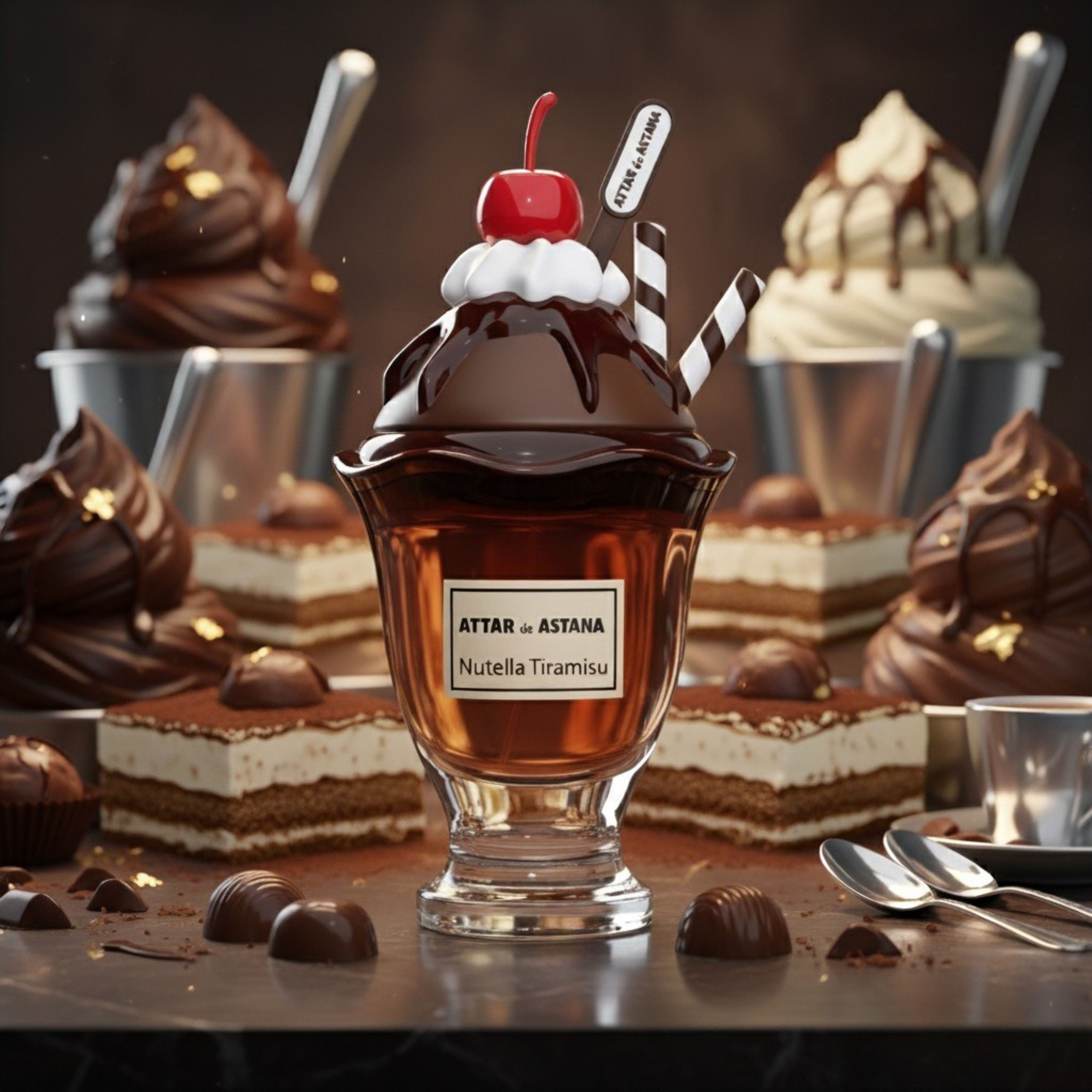 Nutella Tiramisu 100 ML Extrait De Parfum by Attar de Astana with cherry on top labeled 'Attar de Astana Nutella Tiramisu' surrounded by other desserts.