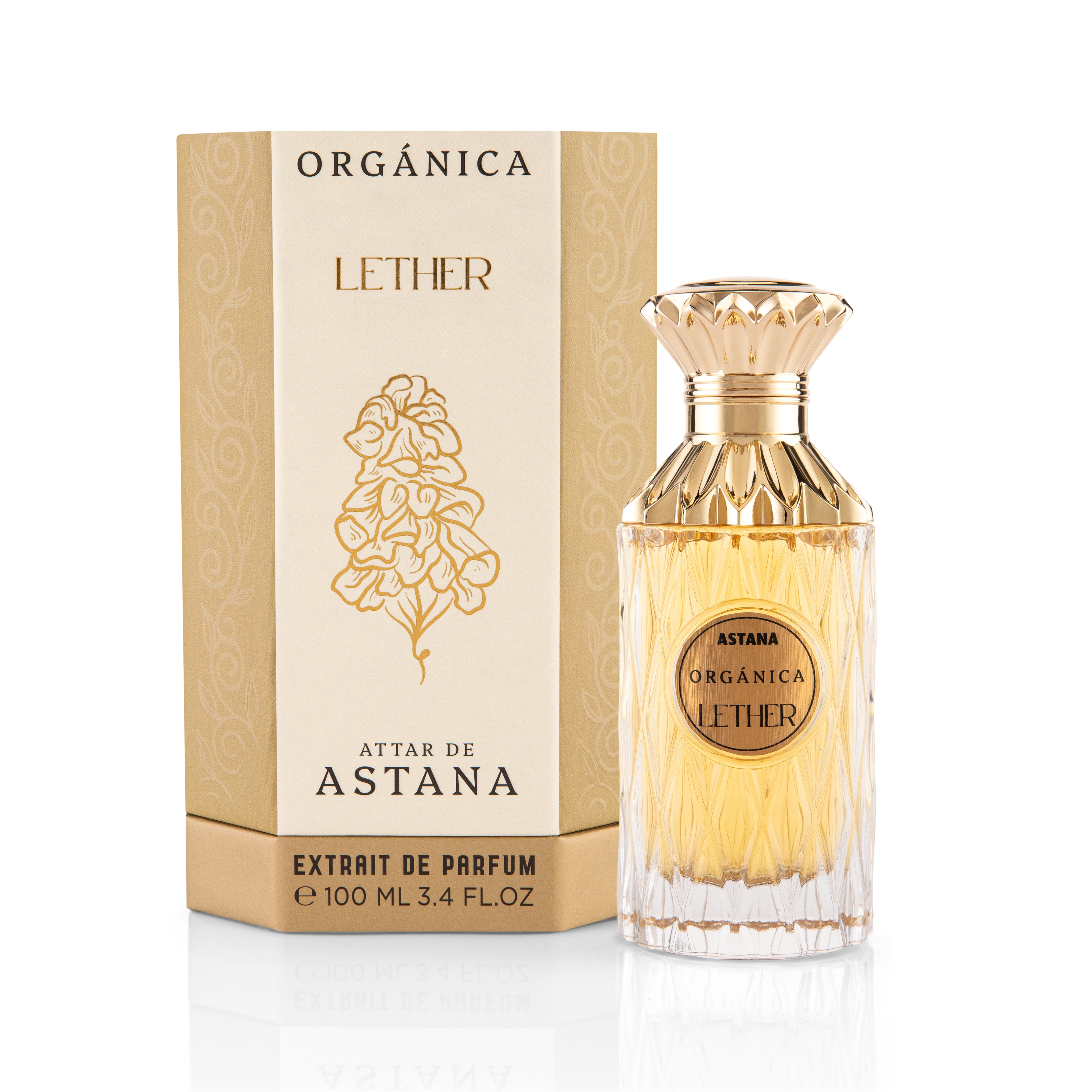 Perfume bottle and packaging of Organóca Lether EXTRAIT DE PERFUM 100 ML BY ATTAR DE ASTANA on a white background