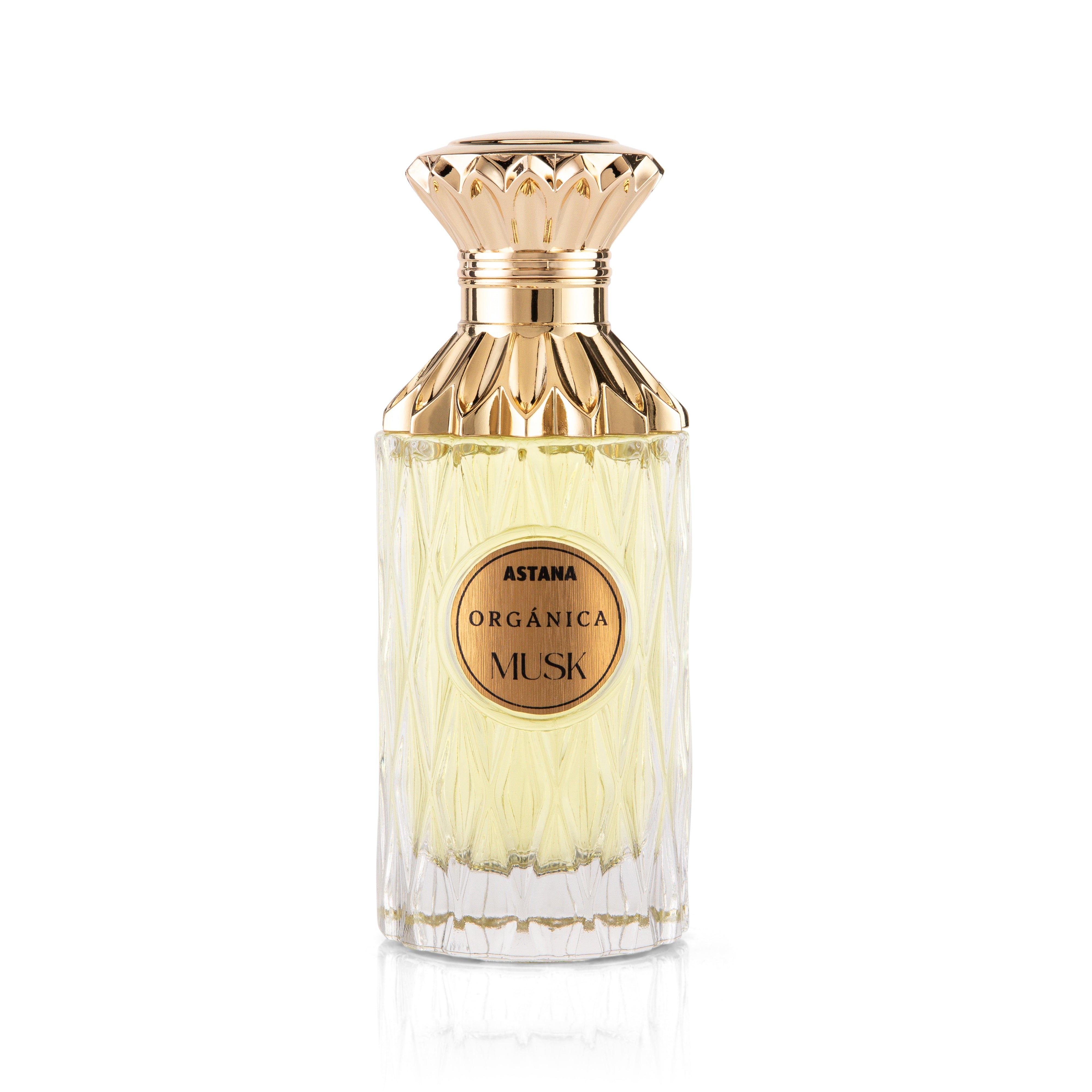 ORGANICA MUST EXTRAIT DE PERFUM 100 ML BY ATTAR DE ASTANA Perfume bottle with gold cap and clear body on a white background