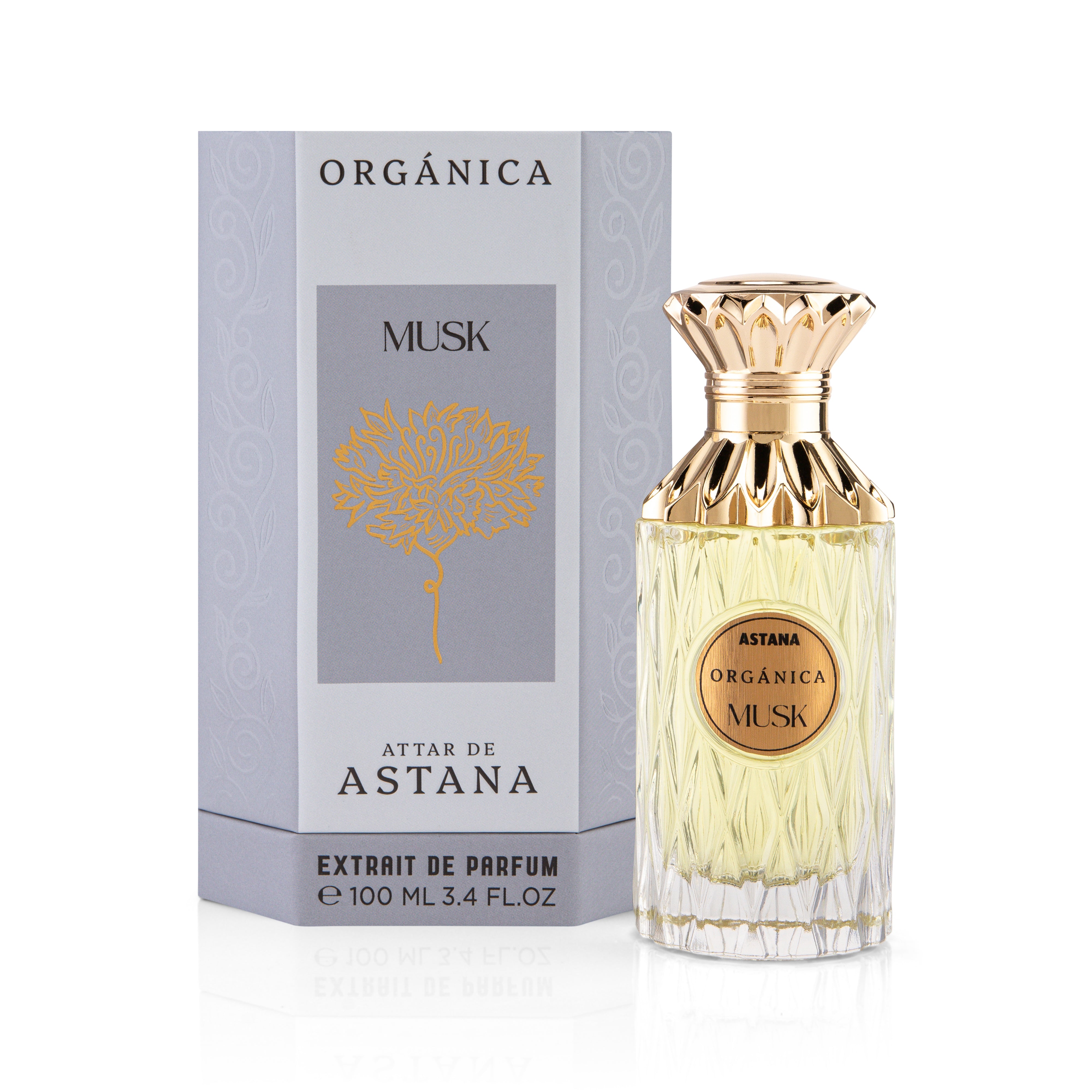 Perfume bottle and packaging of ATTAR DE  Astana Organéca Musk EXTRAIT DE PERFUM 100 ML on a white background