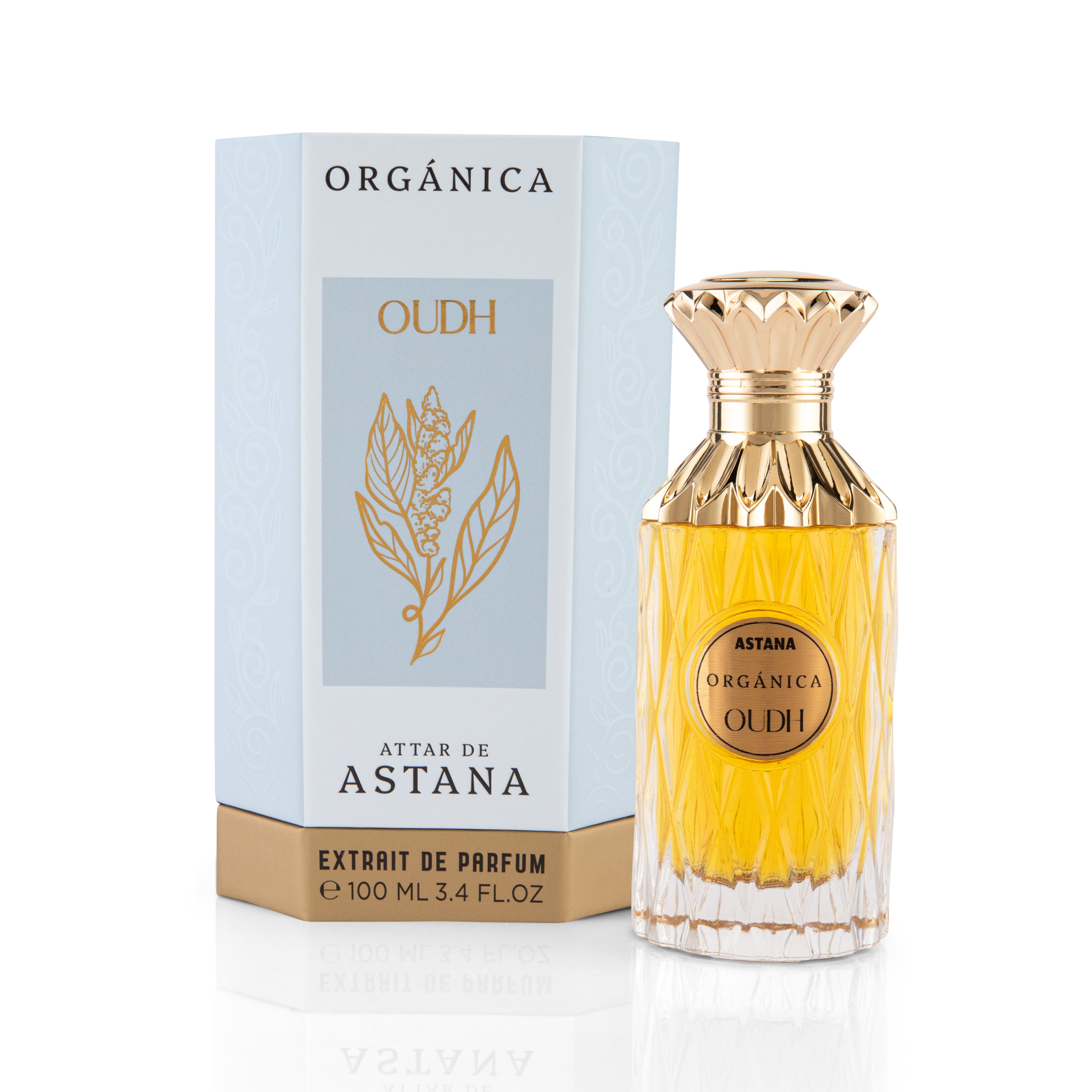 ORGANICA OUDH EXTRAIT DE PERFUM 100 ML Perfume bottle with gold cap and 'Astana' branding next to its packaging on a white background BY ATTAR DE ASTANA