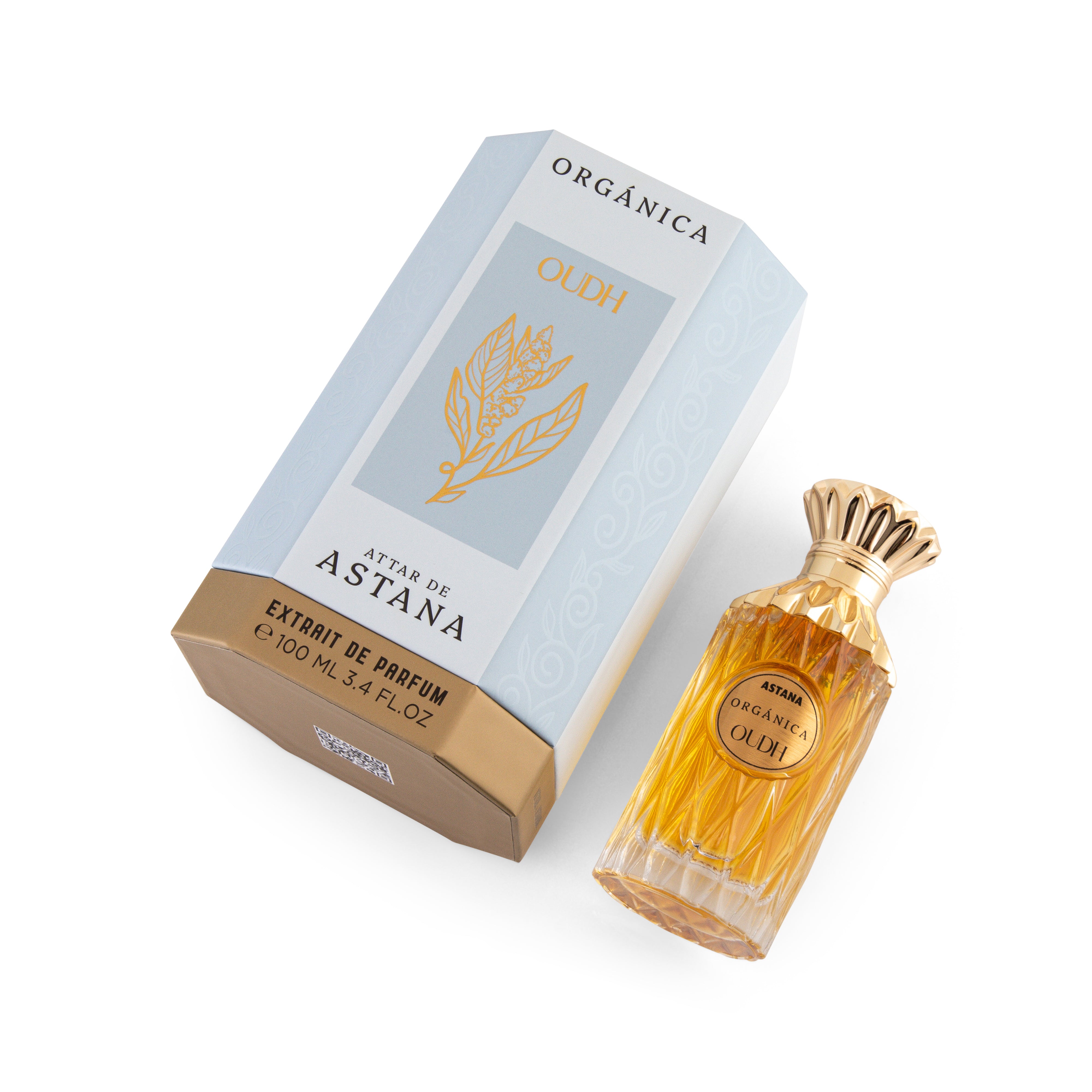 ORGANICA OUDH EXTRAIT DE PERFUM 100 ML Perfume bottle and packaging with 'Astana' branding on a white background BY ATTAR DE  ASTANA