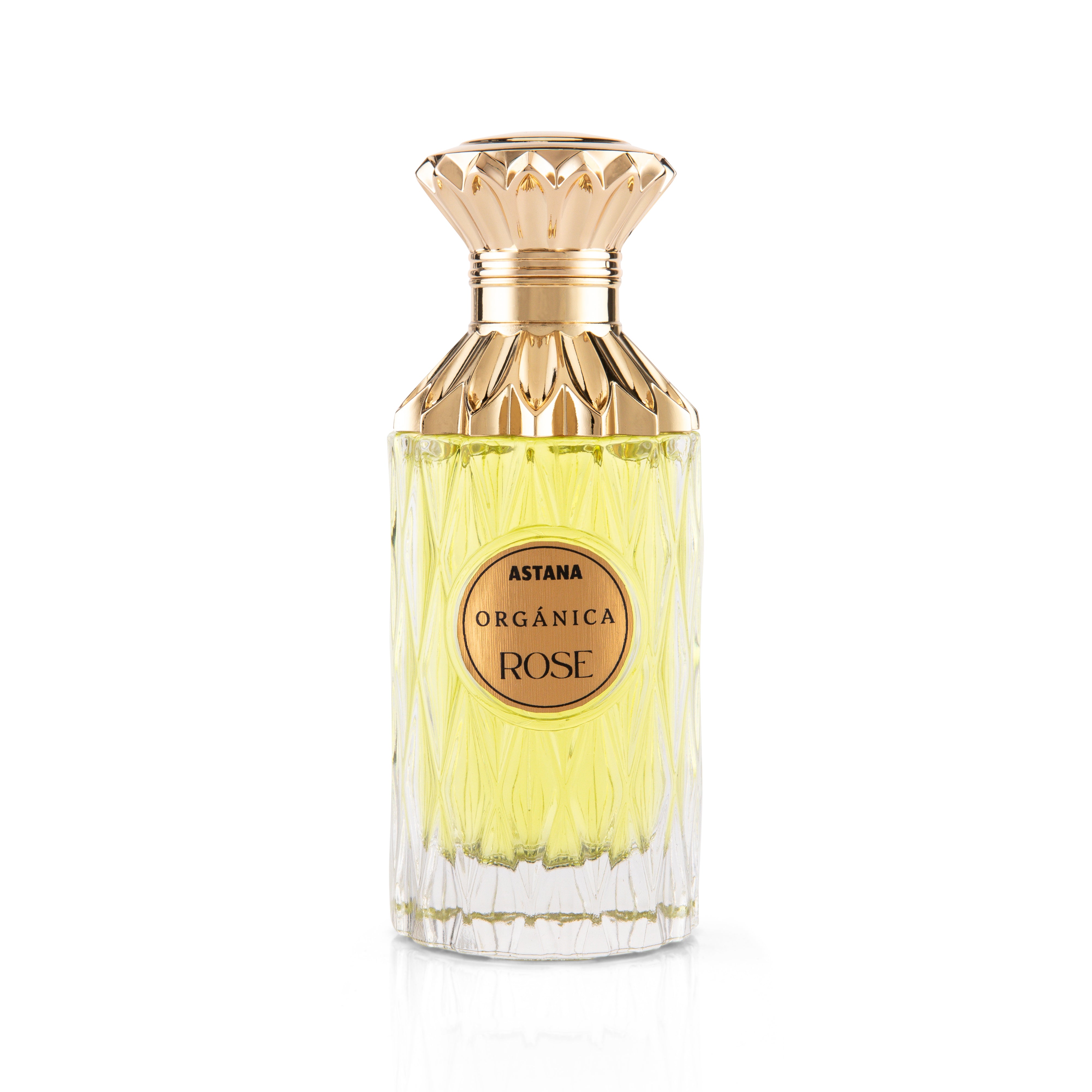 Perfume bottle labeled 'Astana Organóica Rose' EXTRAIT DE PERFUM 100 ML on a white background BY ATTAR DE ASTANA