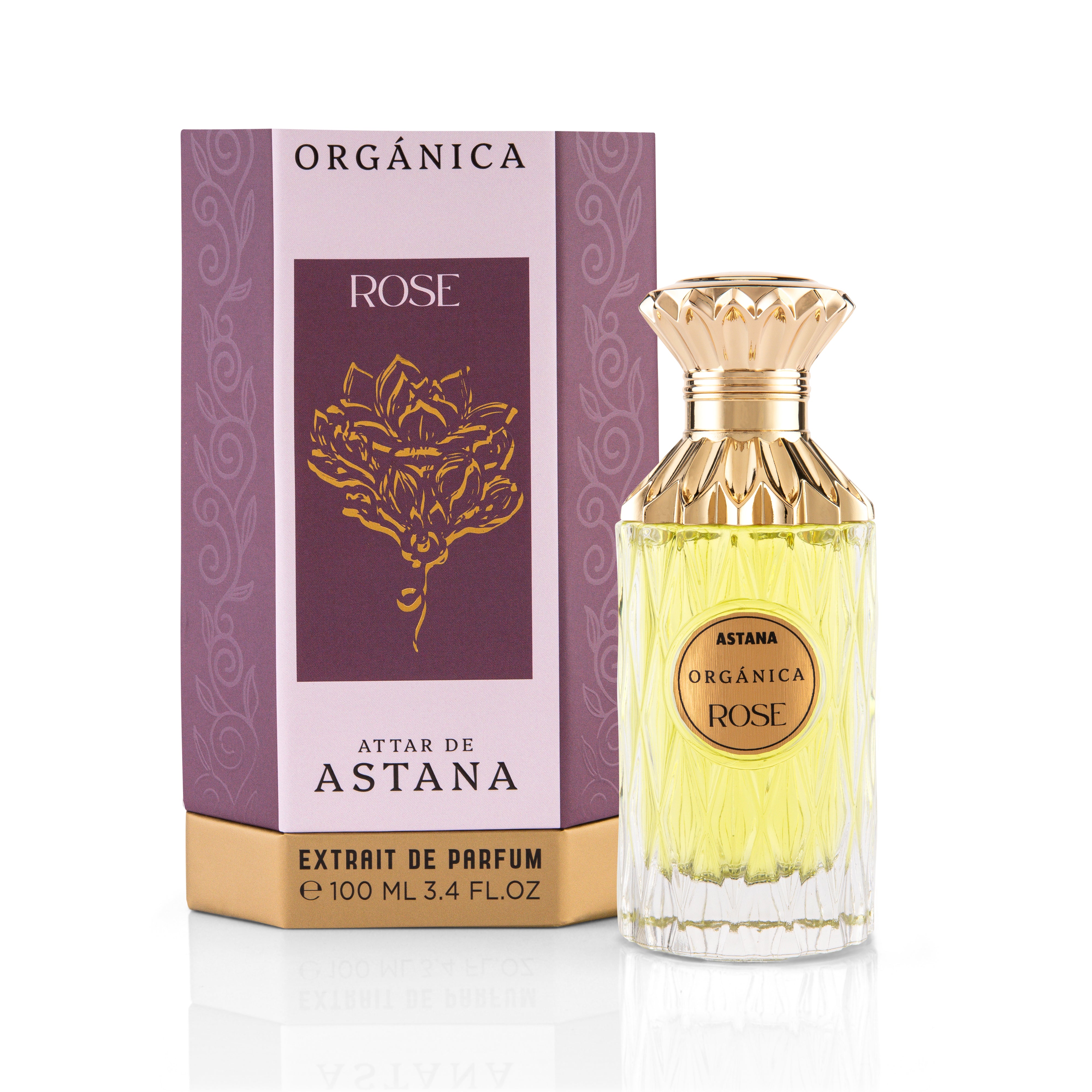 Astana Organéca Rose EXTRAIT DE PERFUM 100 ML  perfume bottle and packaging on a white background BY ATTAR DE ASTANA