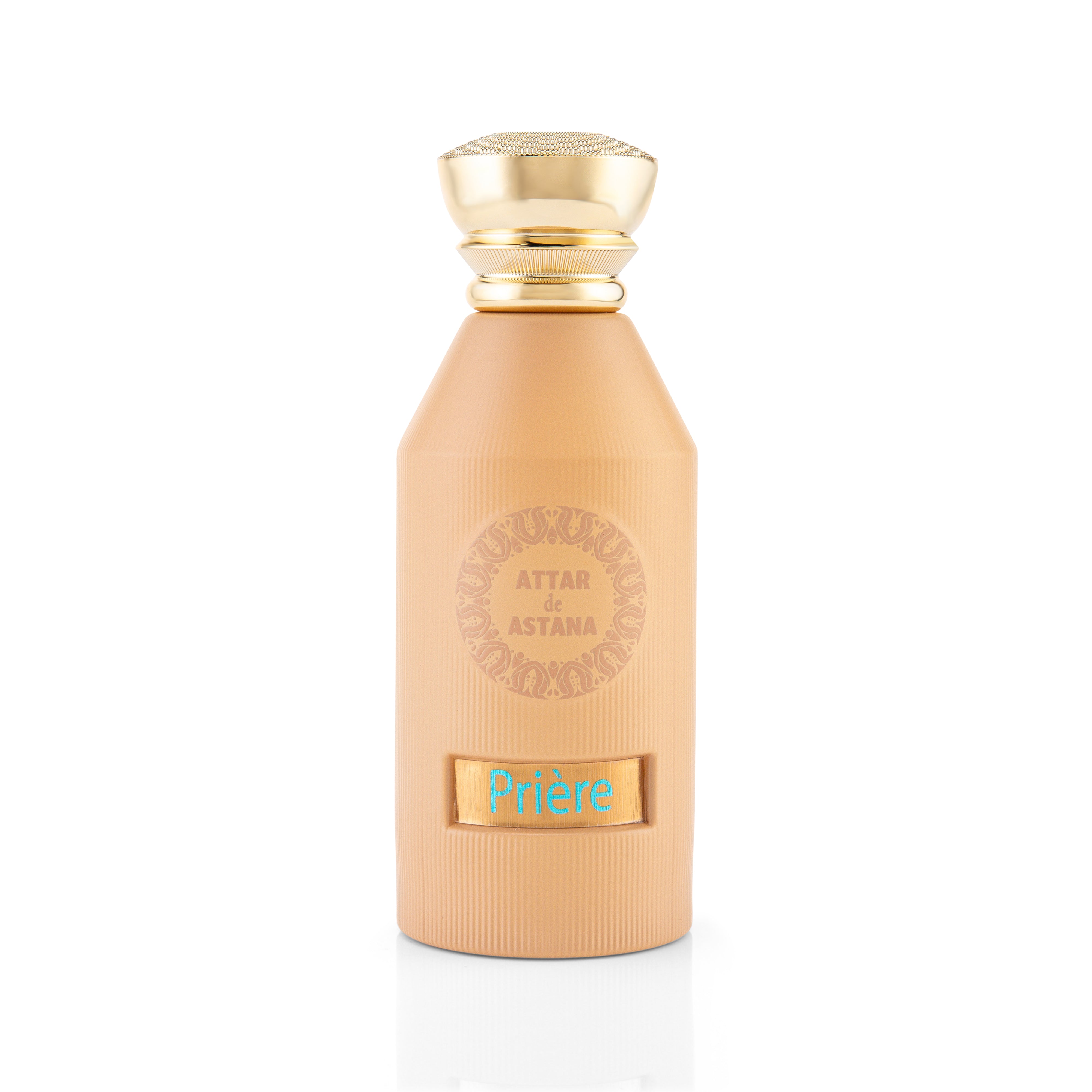 Priere 100 ML Extrait De Parfum by Attar de Astana Perfume bottle with gold cap and beige body on a white background