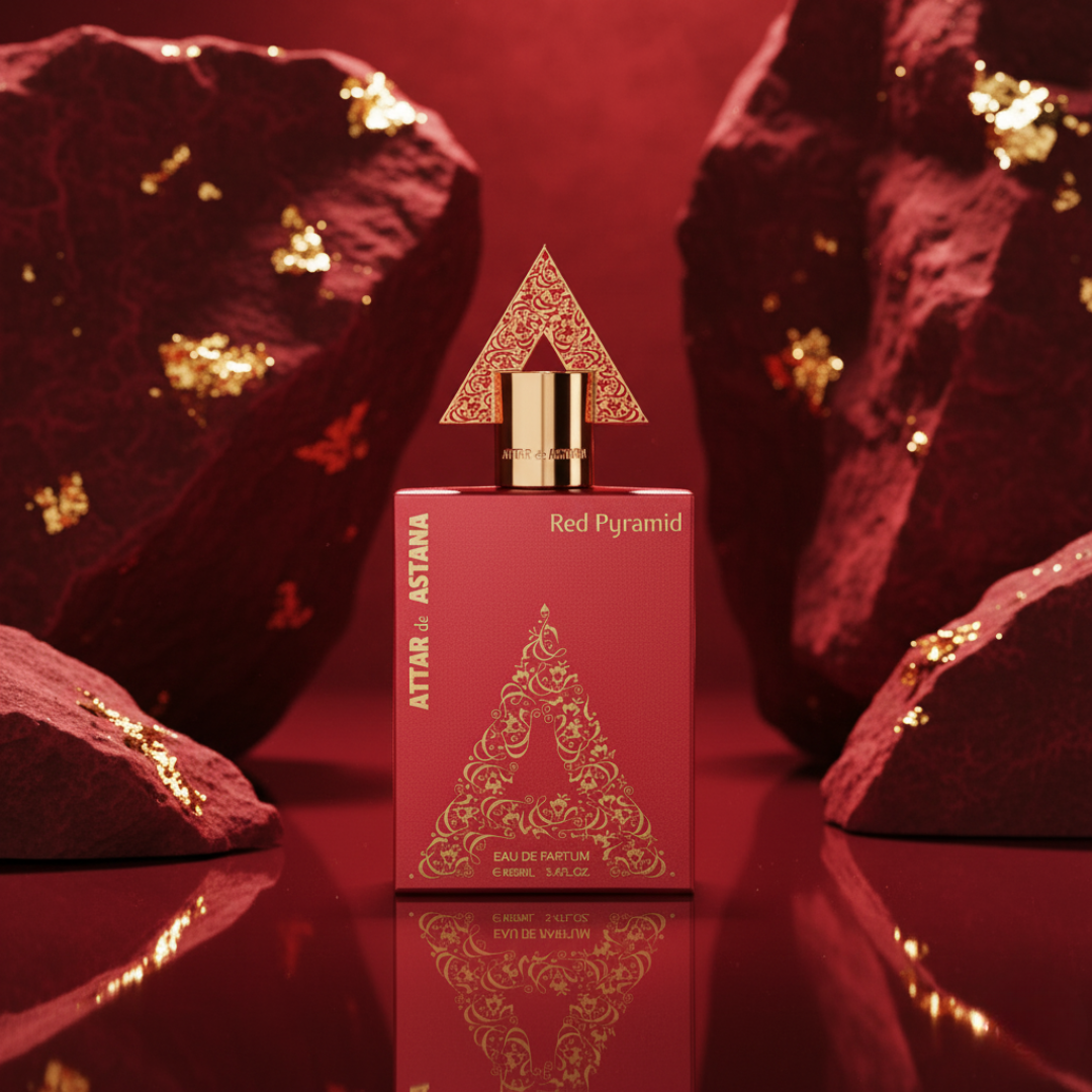 Red Pyramid extrait de parfum 100 ML perfume bottle by Attar de Astana on a red background with decorative elements.