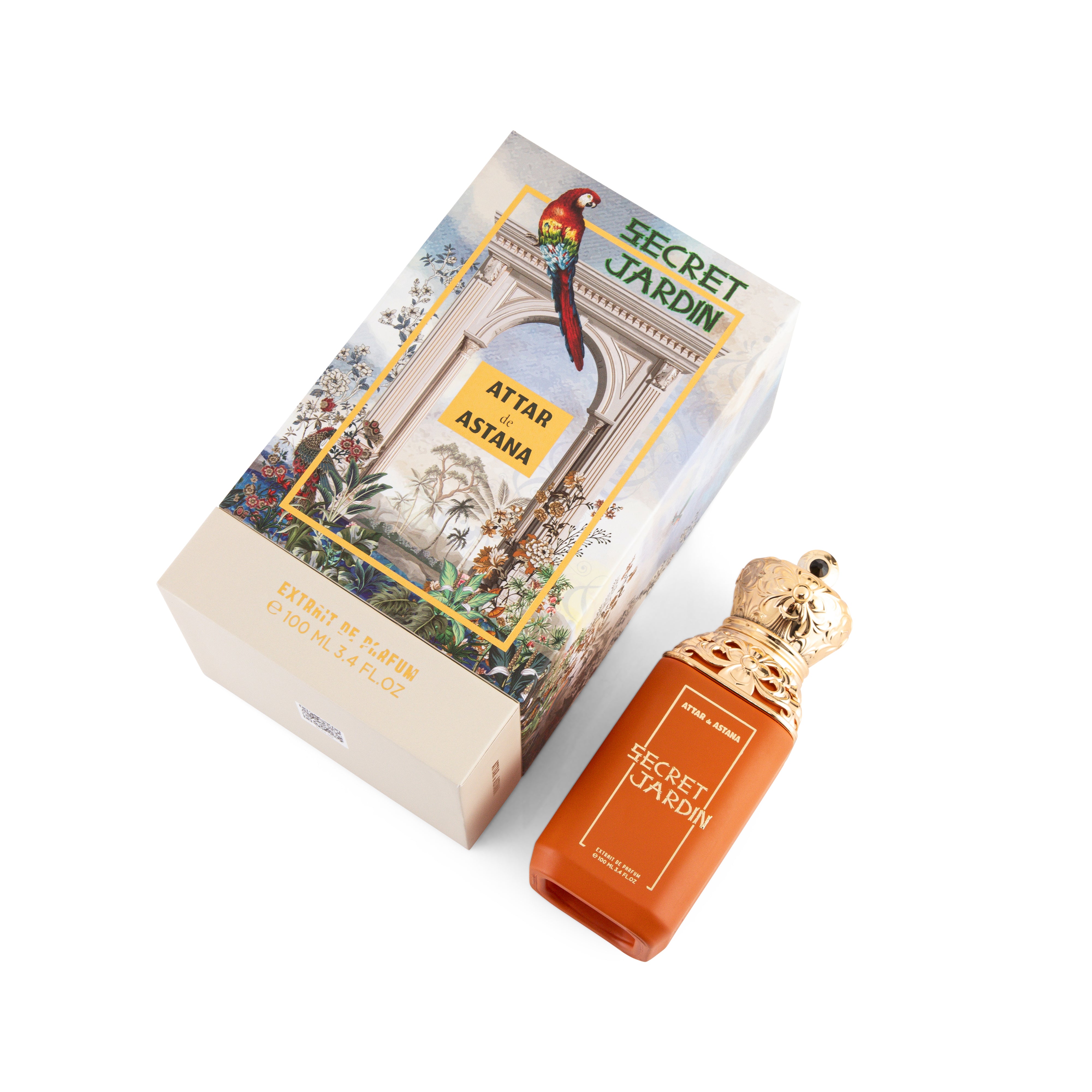 Perfume bottle and packaging of 'Secret Jardin' EXTRAIT DE PERFUM 100 ML on a white background BY ATTAR DE ASTANA