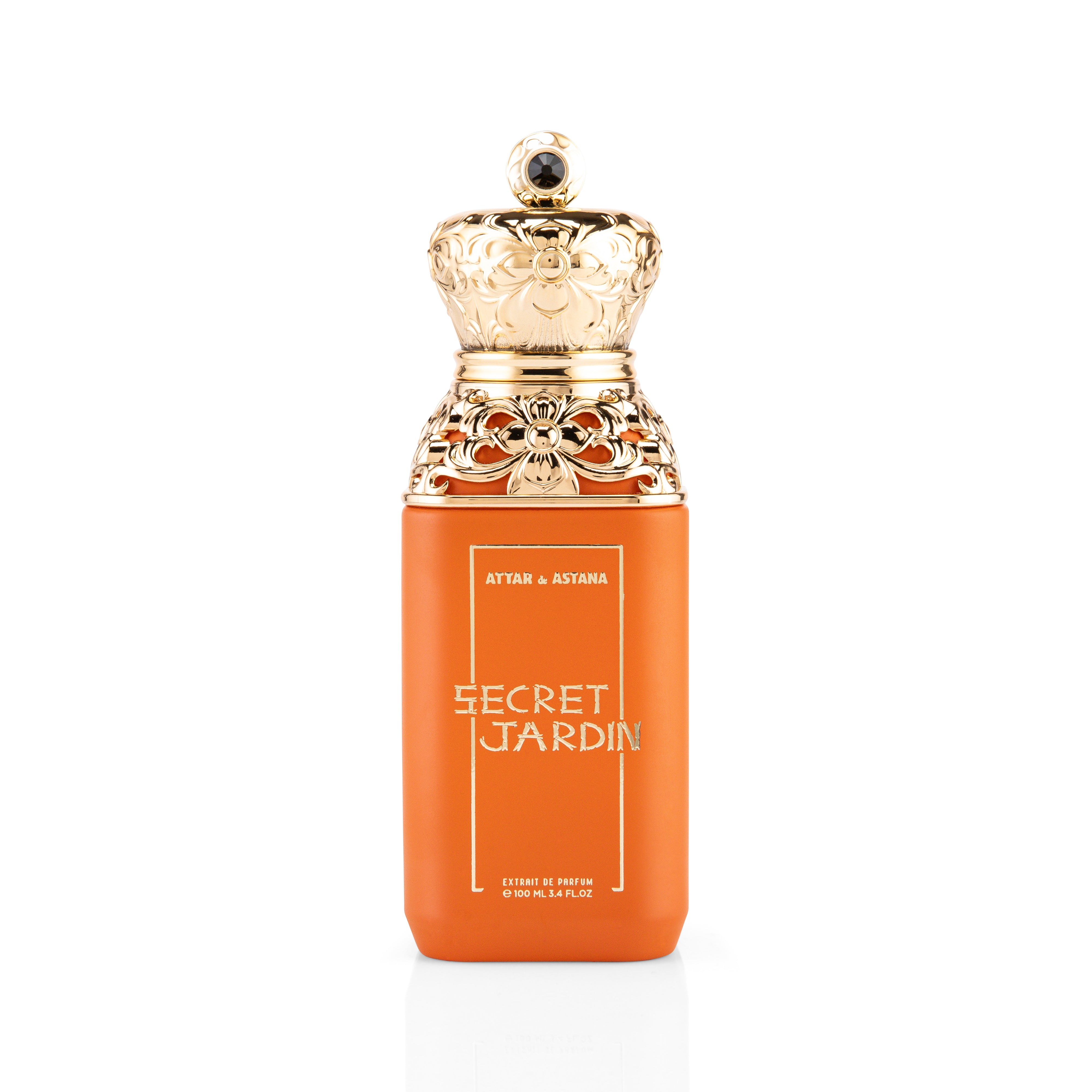 SECRET JARDIN EXTRAIT DE PERFUM 100 ML BY ATTAR DE ASTANA Orange perfume bottle with gold cap on a white background