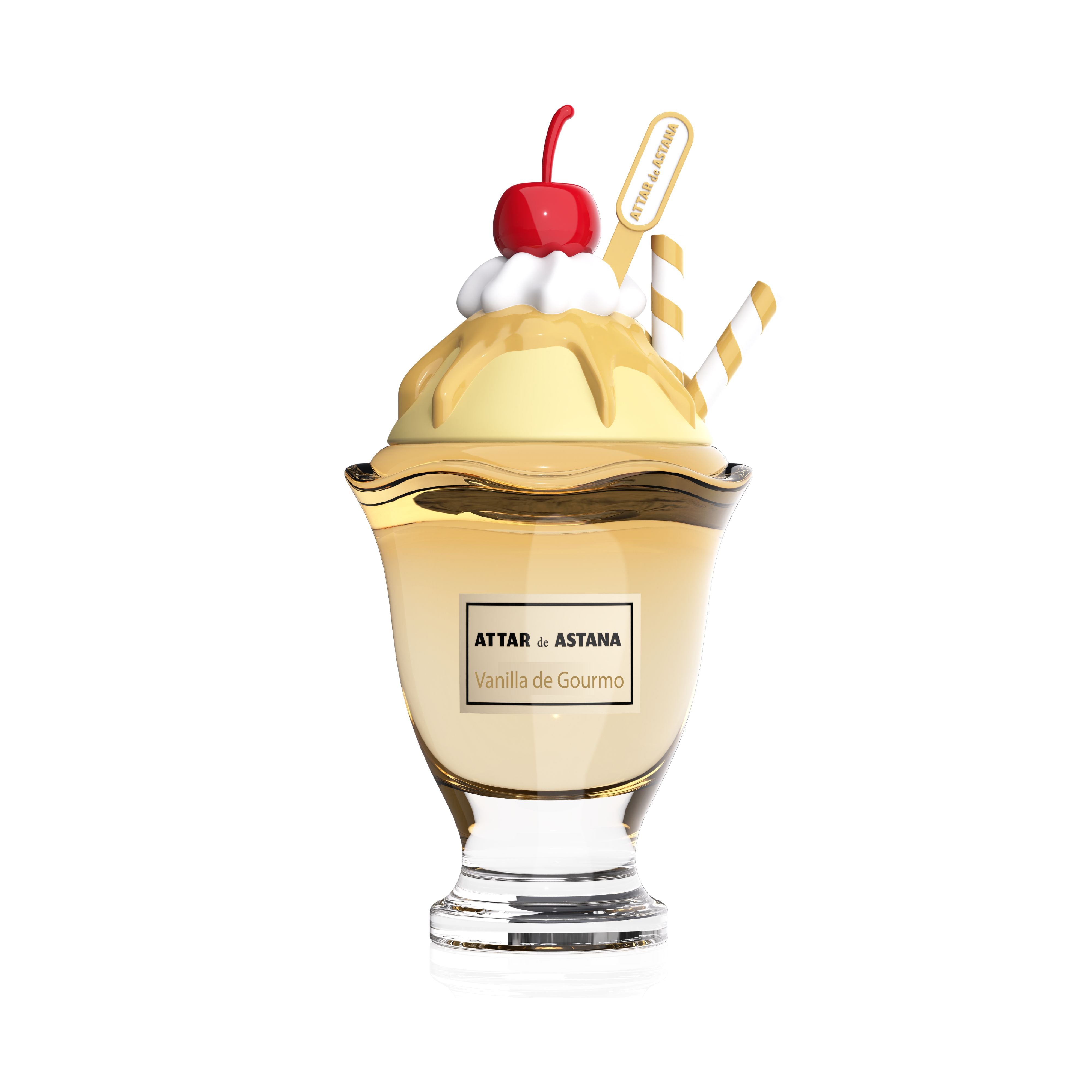 Vanilla de Gourmo 100 ML Extrait De Parfum by Attar de Astana Perfume bottle designed to look like a vanilla ice cream sundae with cherry and straws on a white background.