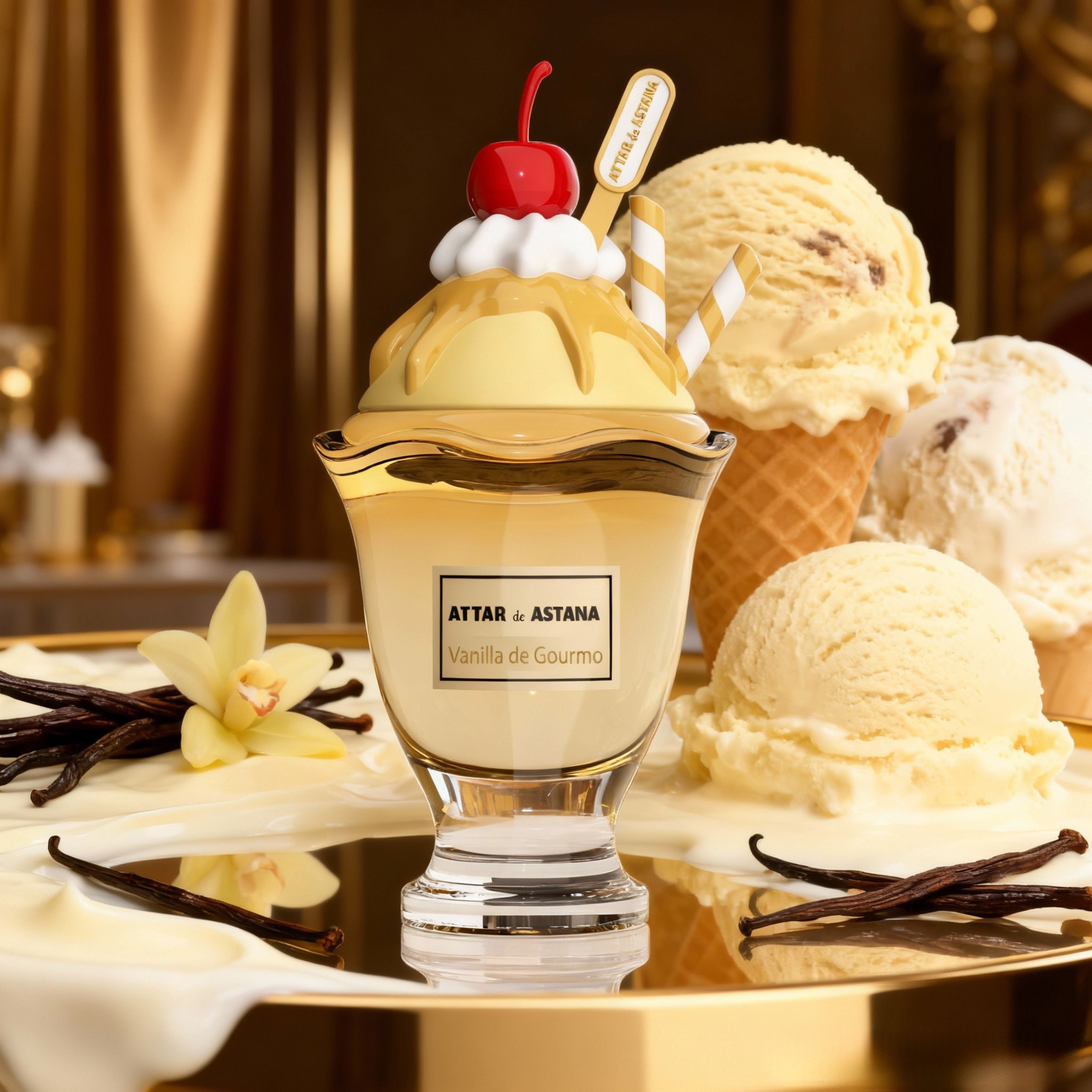 Vanilla de Gourmo 100 ML Extrait De Parfum by Attar de Astana bottle labeled 'Attar of Astana Vanilla de Gourme' on a reflective surface.