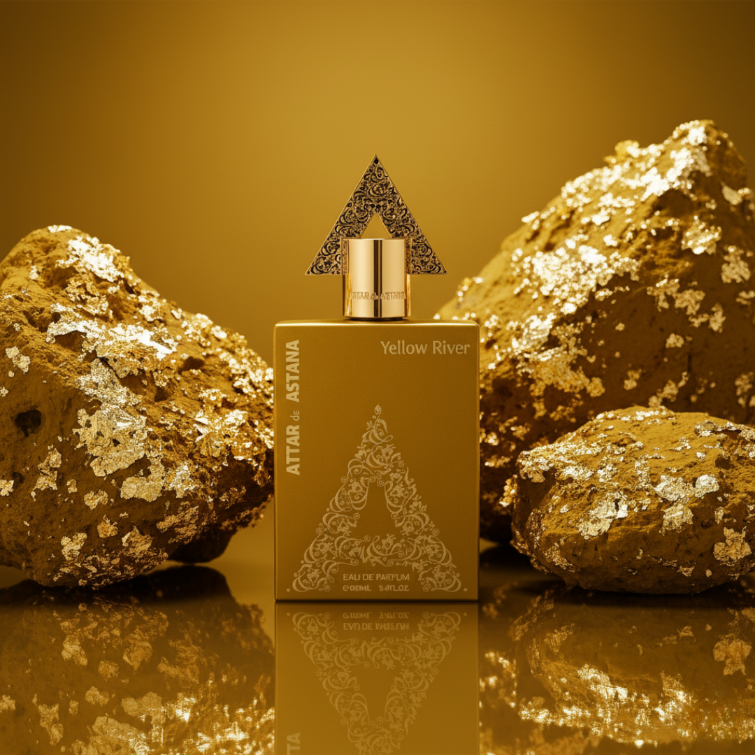 Yellow River 100 ML Extrait de parfum by Attar de astana Perfume bottle and packaging with gold rocks in the background