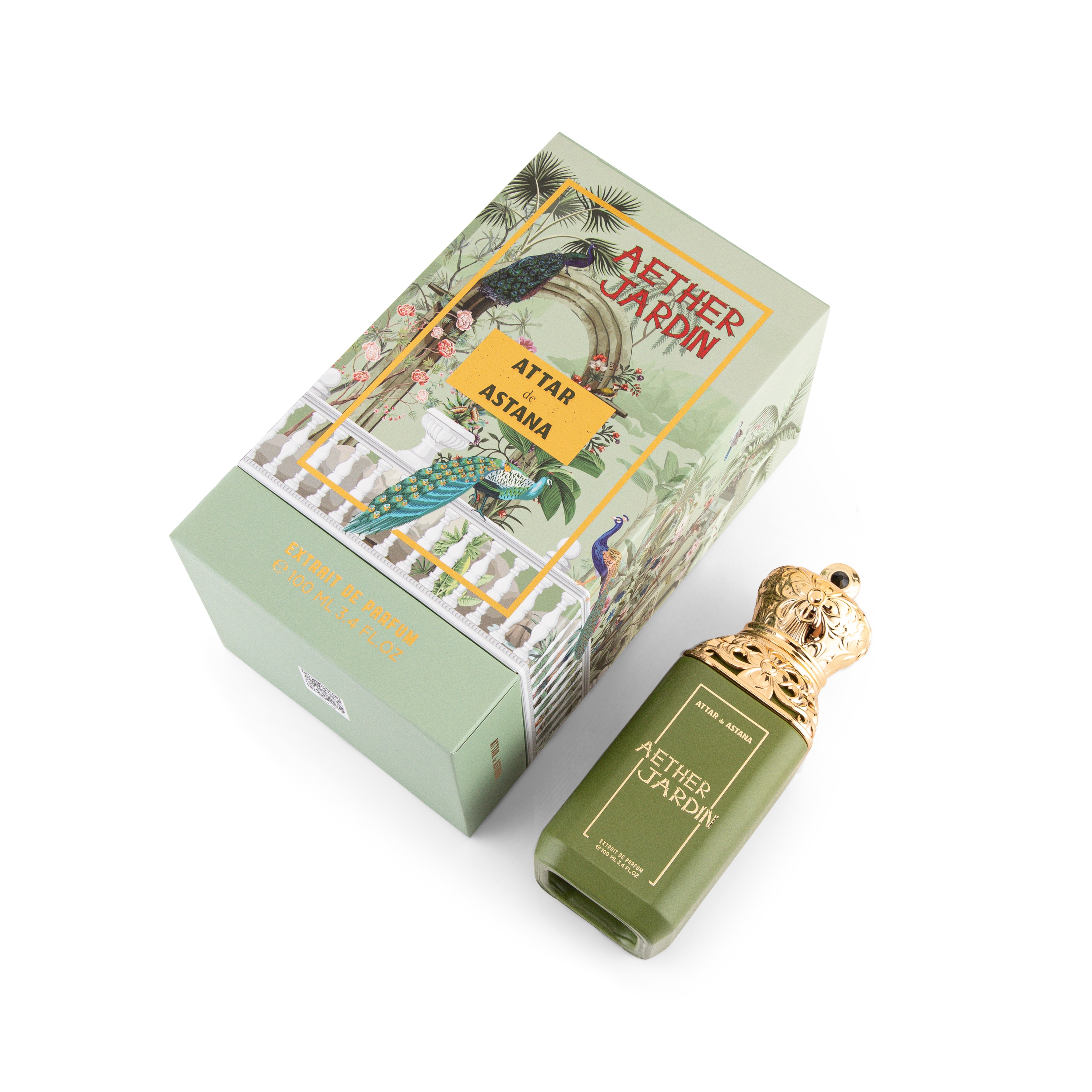 Aether Jardin 100 ML Extrait De Parfum by Attar de Astana perfume bottle and packaging on a white background