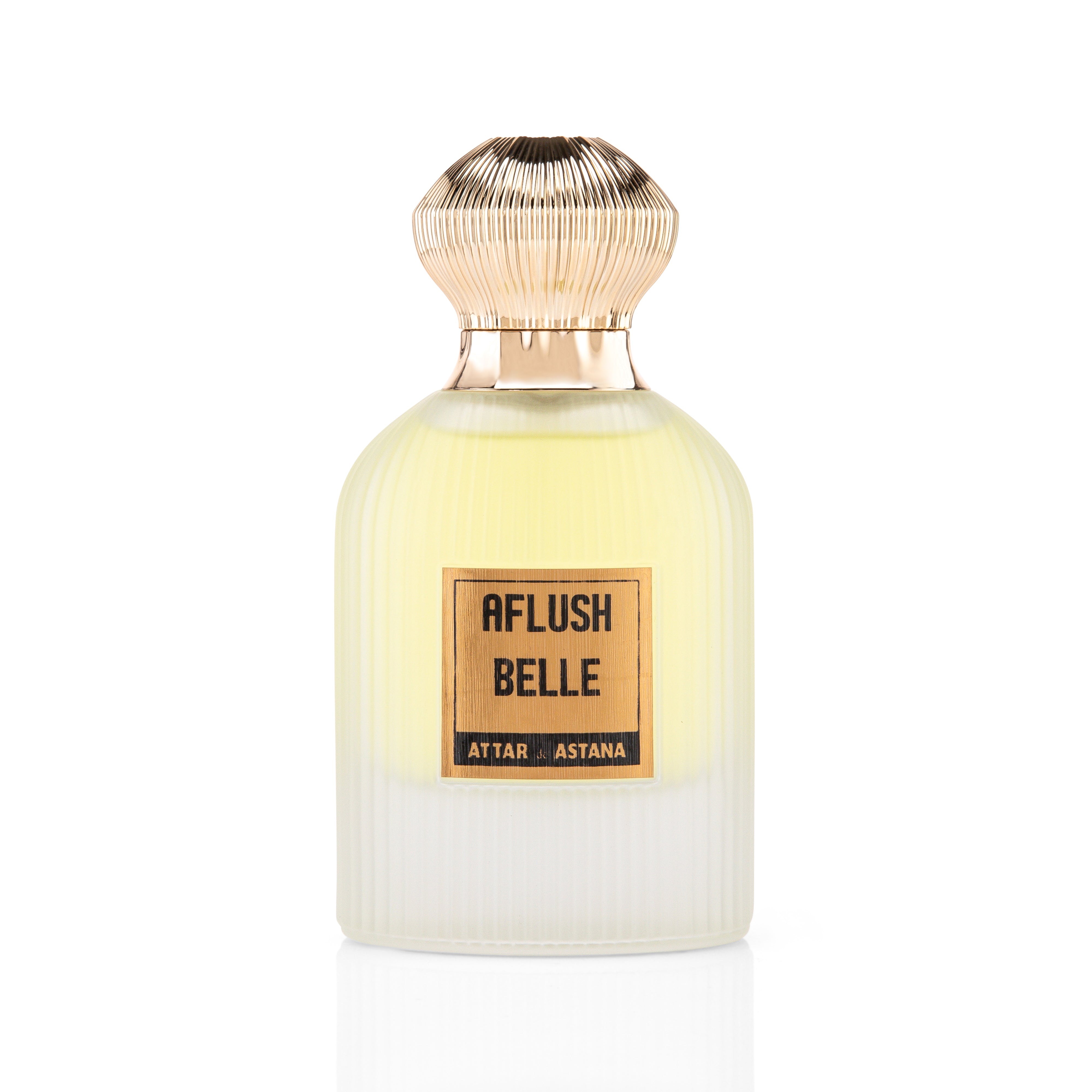 Perfume bottle labeled 'Aflush Belle' 100 ML Extrait De Parfum by Attar de Astana on a white background