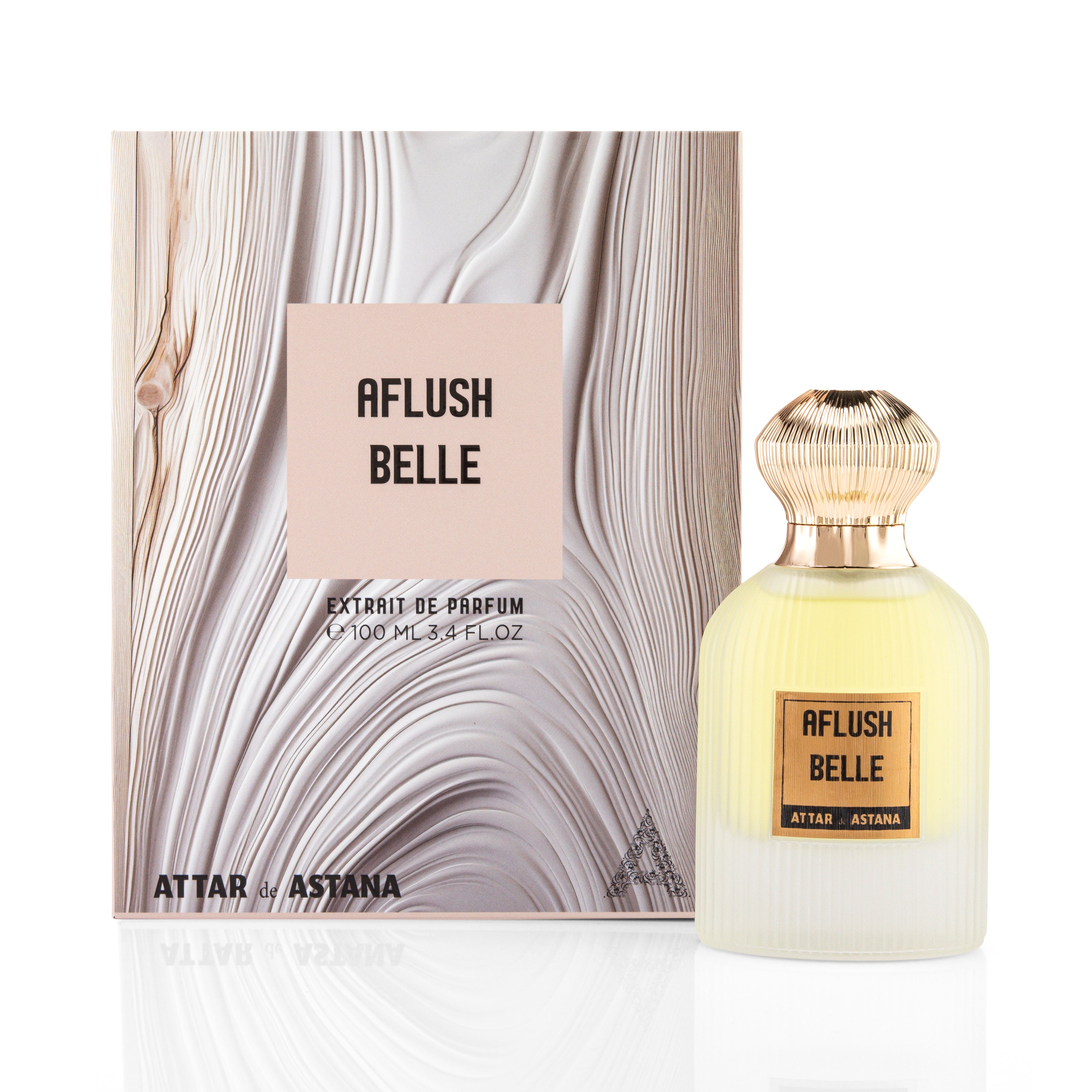 Perfume bottle and packaging of 'Aflush Belle' 100 ML Extrait De Parfum by Attar de Astana on a white background