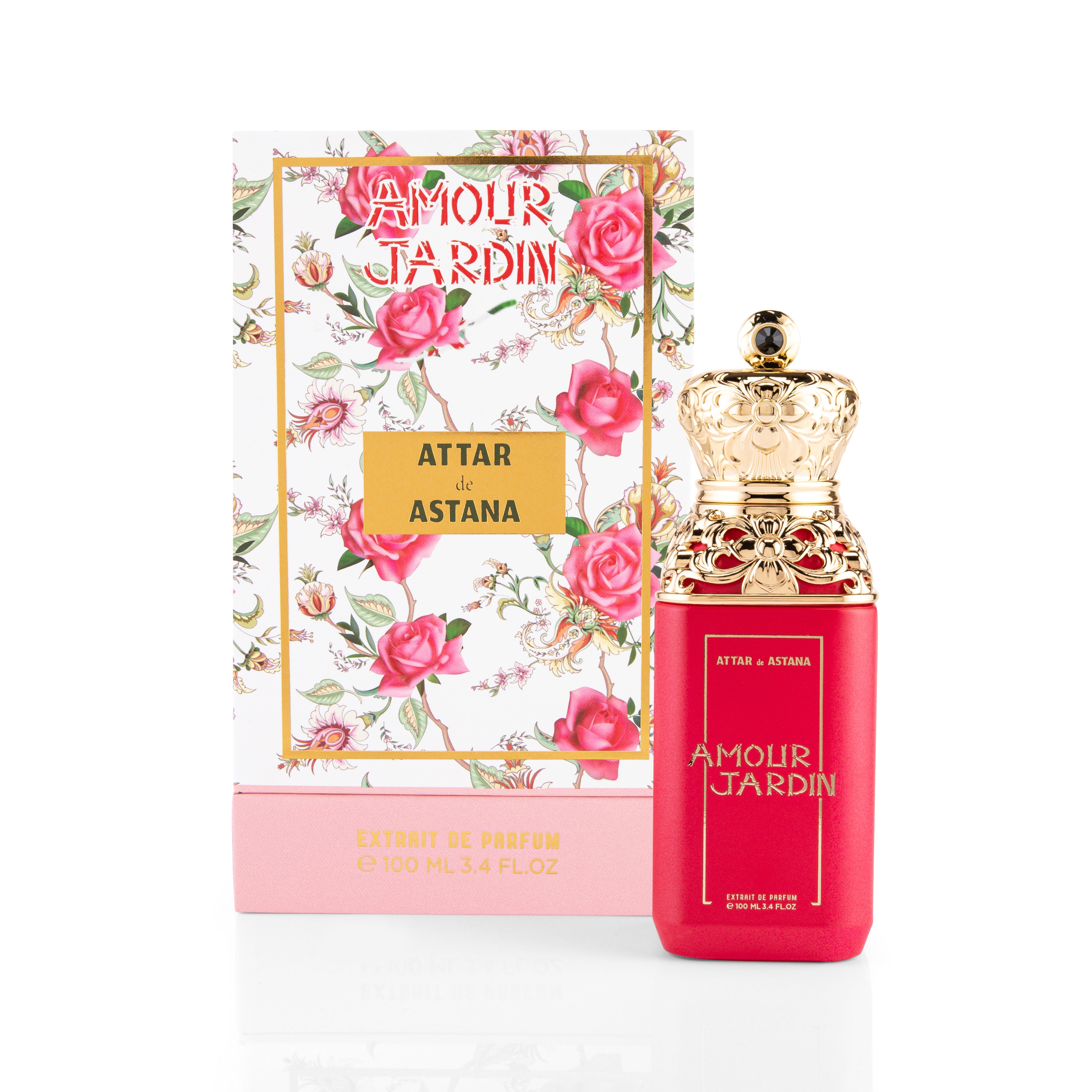 Amour Jardin 100 ML Extrait De Parfum by Attar de Astana perfume bottle and packaging with floral design on a white background