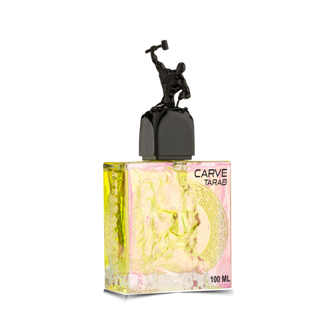 CARVE TARAB EXTRAIT DE PERFUM 100 ML BY ATTAR DE ASTANA Perfume bottle with decorative label and black figurine on a white background