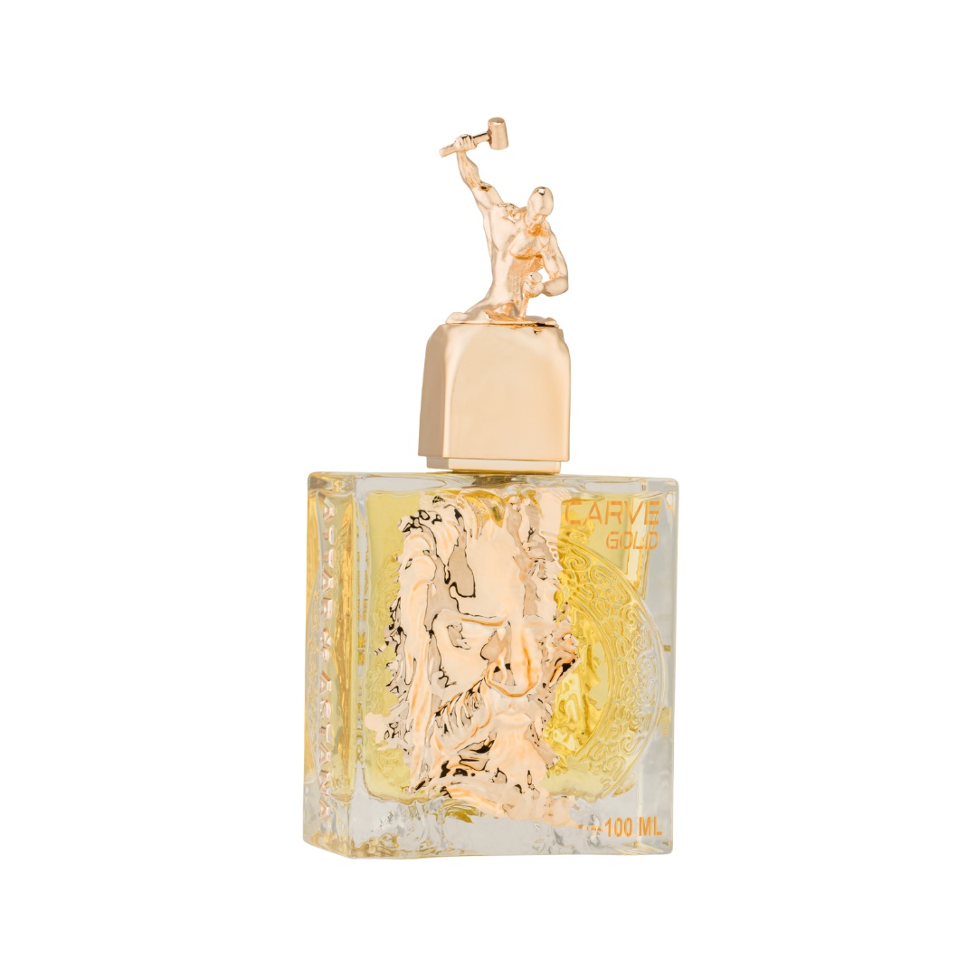 Carve Gold 100 ML EDP (Extrait De Parfum) by Attar de Astana Perfume bottle with gold cap and decorative label on a white background