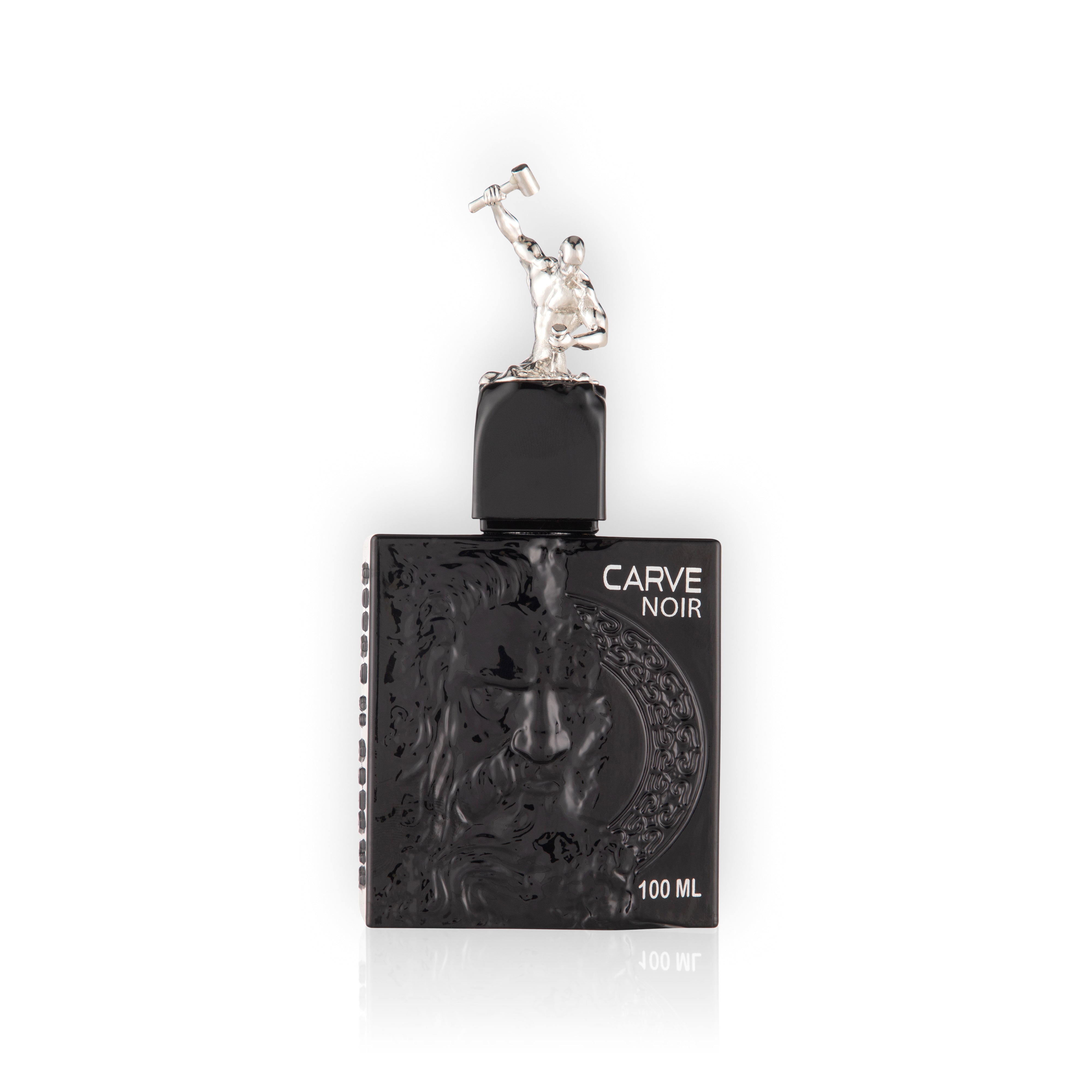 Carve Noir Extrait de Parfum 100 ML Black perfume bottle a branding on a white FONT