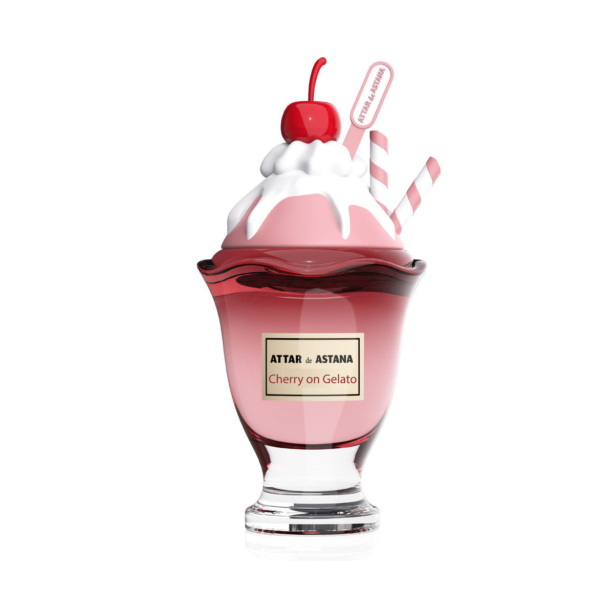Cherry on Gelato 100 ML Extrait De Parfum by Attar de Astana Perfume bottle designed like a cherry on gelato with 'Attar of Astana' label.
