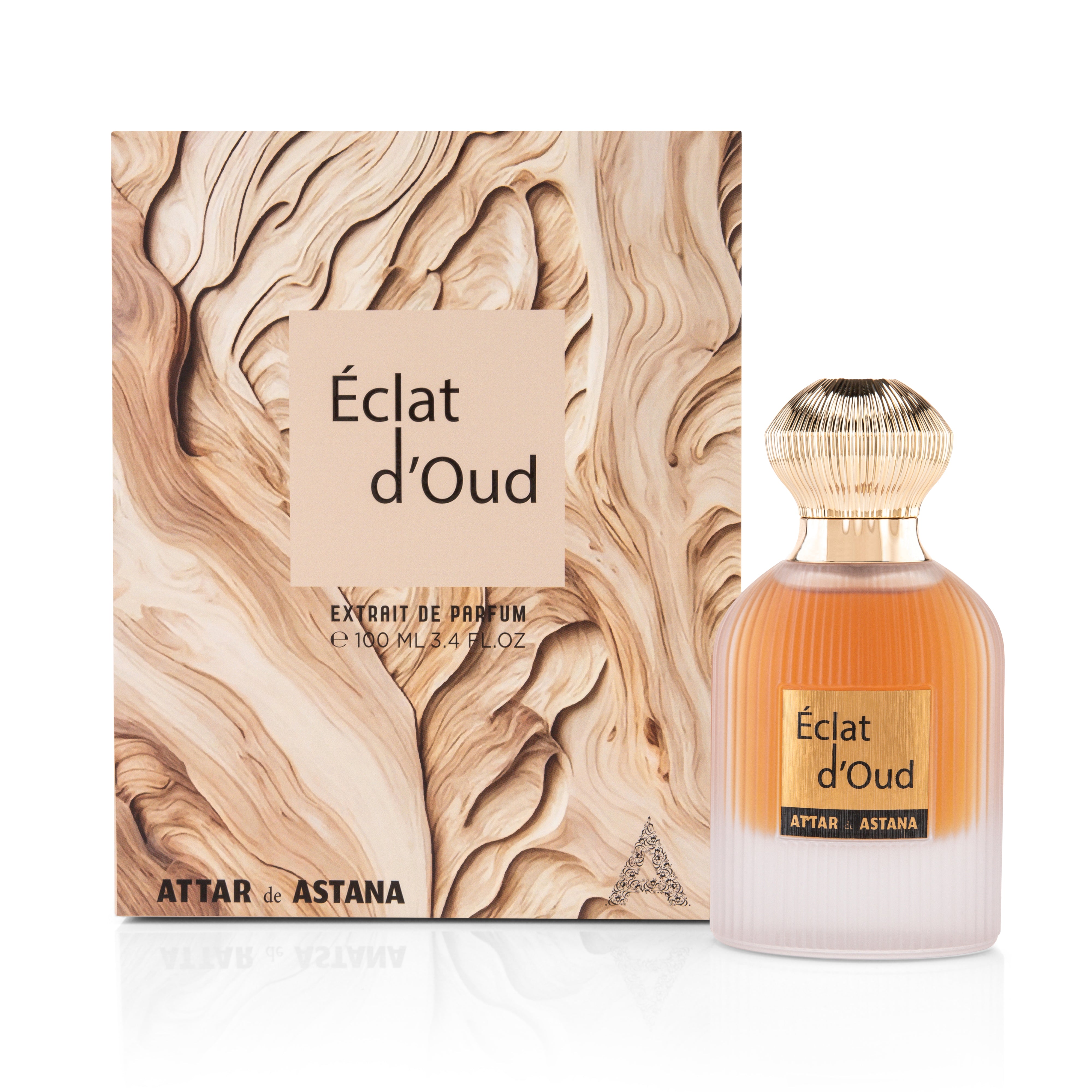 Eclat d'Oud EXTRAIT DE PERFUM 100 ML perfume bottle and packaging with marbled design BY ATTAR DE ASTANA