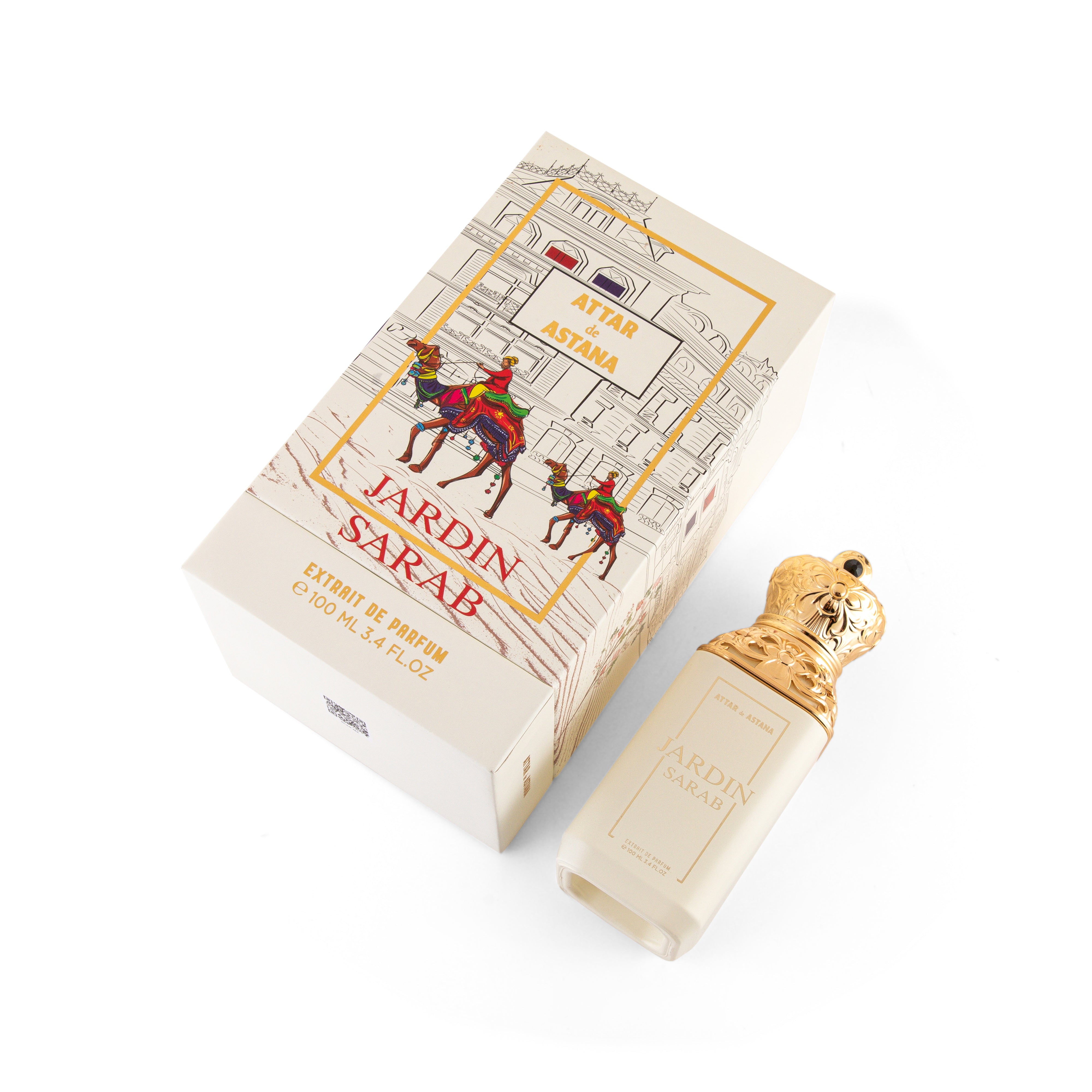 Jardin Sarab EXTRAIT DE PERFUM 100 ML perfume bottle and packaging on a white background BY ATTAR DE ASTANA
