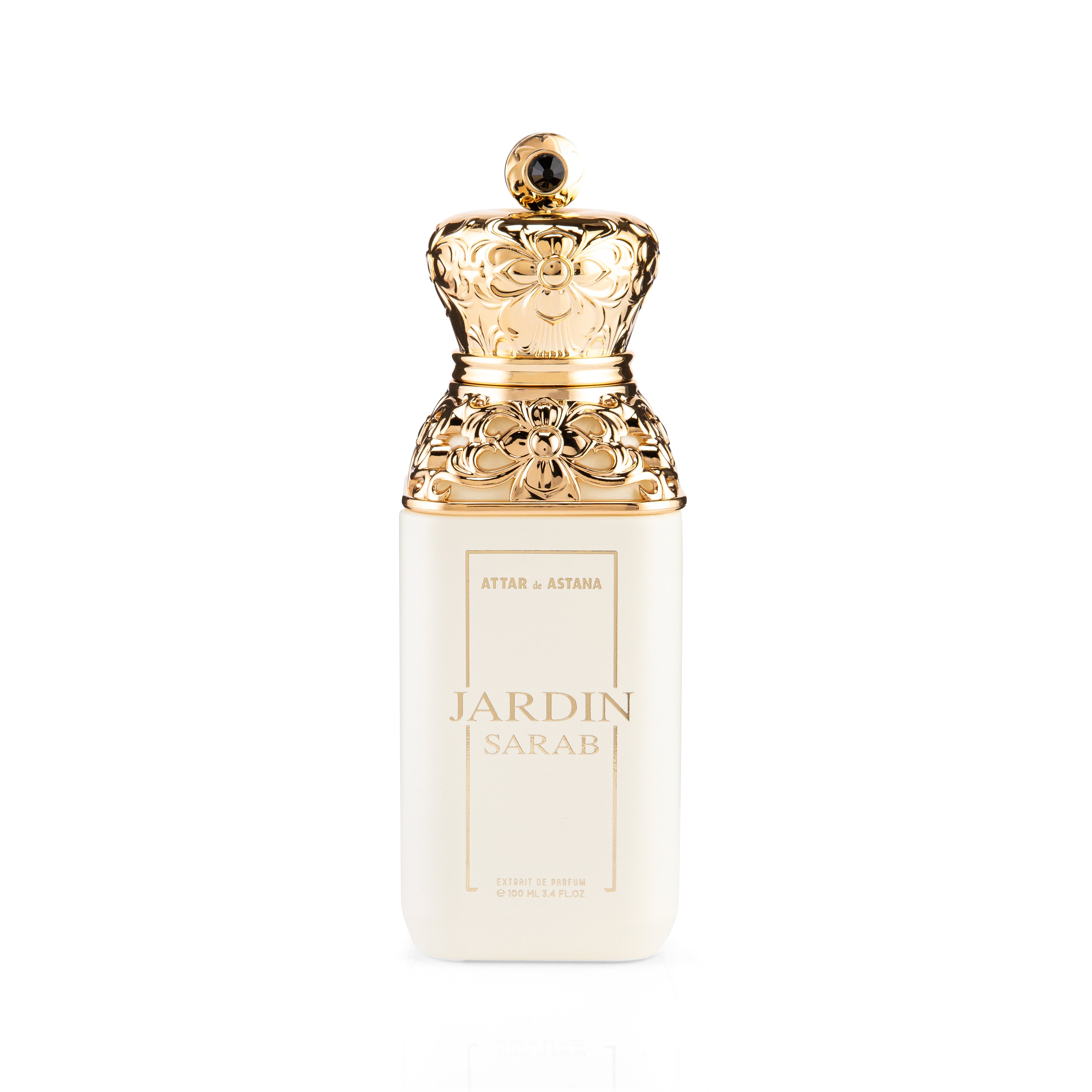 Perfume bottle with gold cap and 'Jardin Sarab' EXTRAIT DE PERFUM 100 ML branding on a white background BY ATTAR DE ASTANA