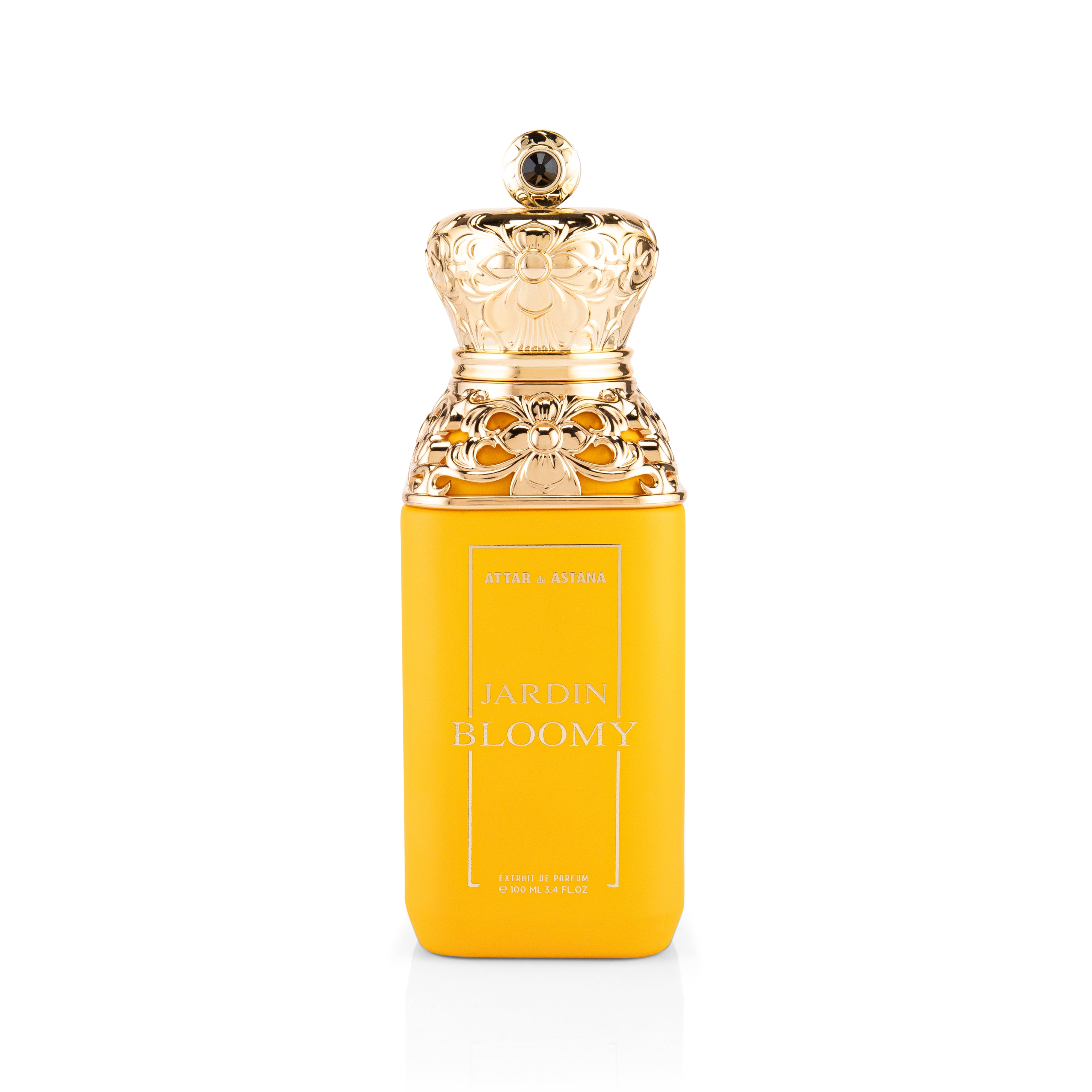 Jardin Bloomy 100 ML Extrait De Parfum by Attar de Astana Yellow perfume bottle with decorative cap on a white background
