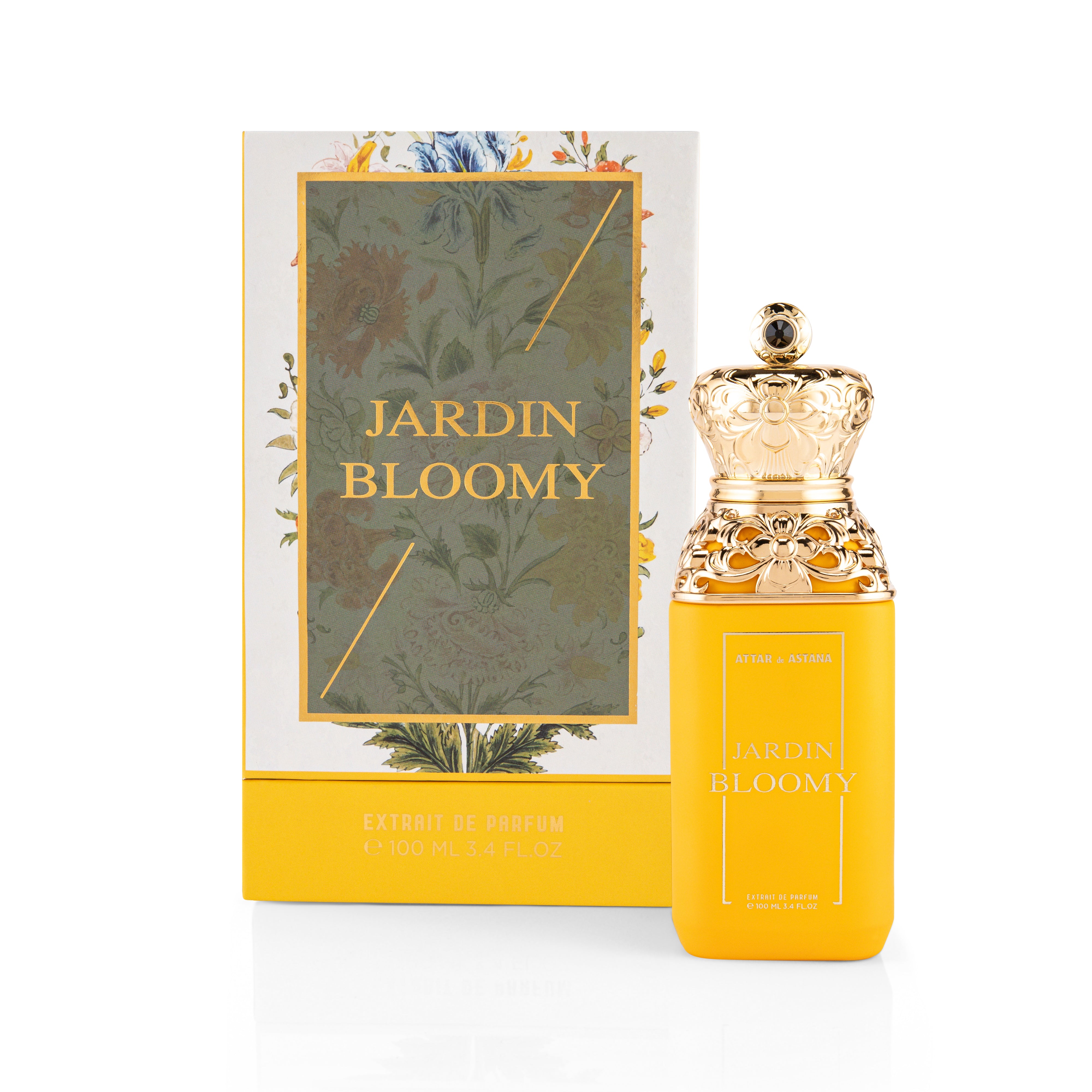 Jardin Bloomy 100 ML Extrait De Parfum by Attar de Astana perfume bottle and packaging on a white background