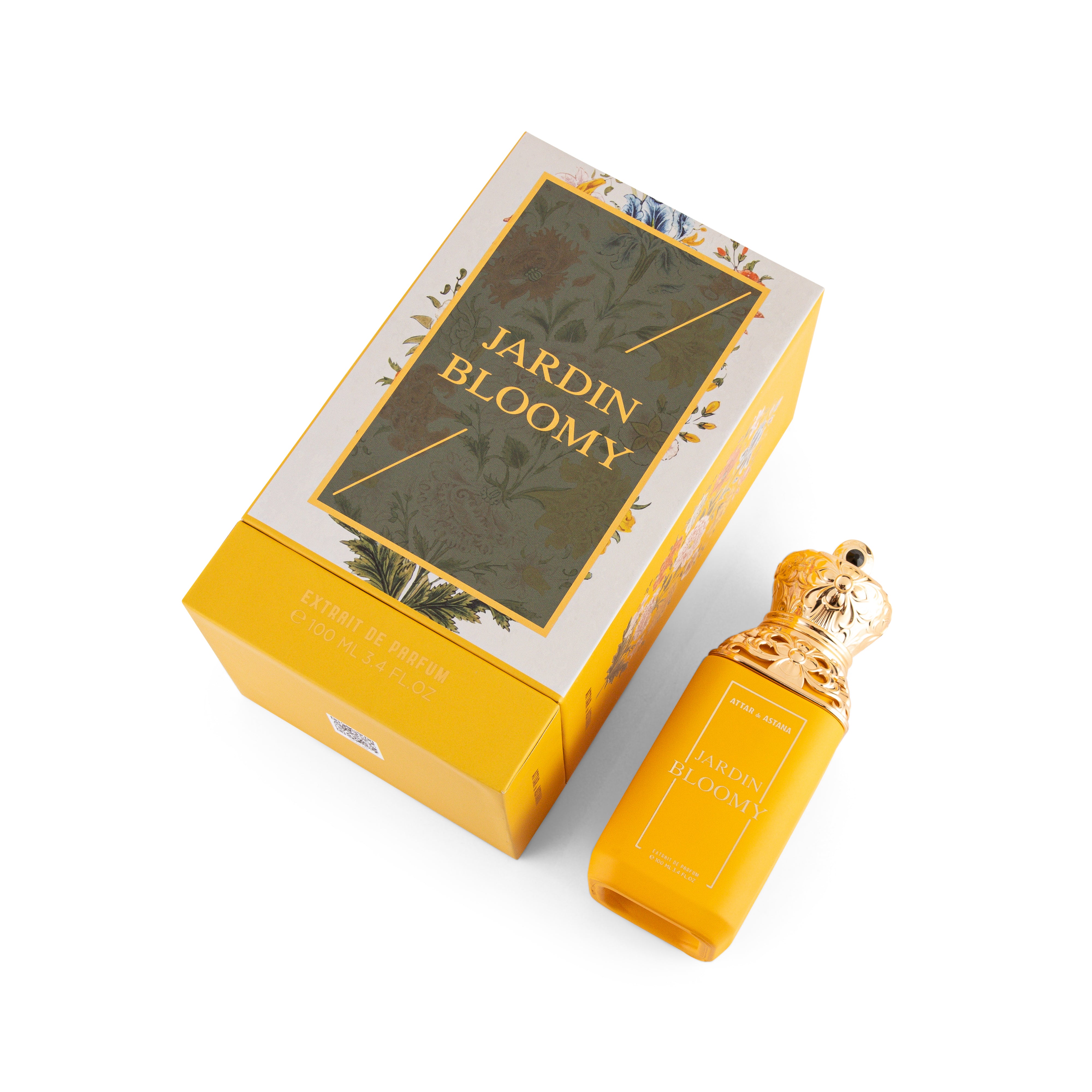 Jardin Bloomy 100 ML Extrait De Parfum by Attar de Astana perfume bottle and packaging on a white background