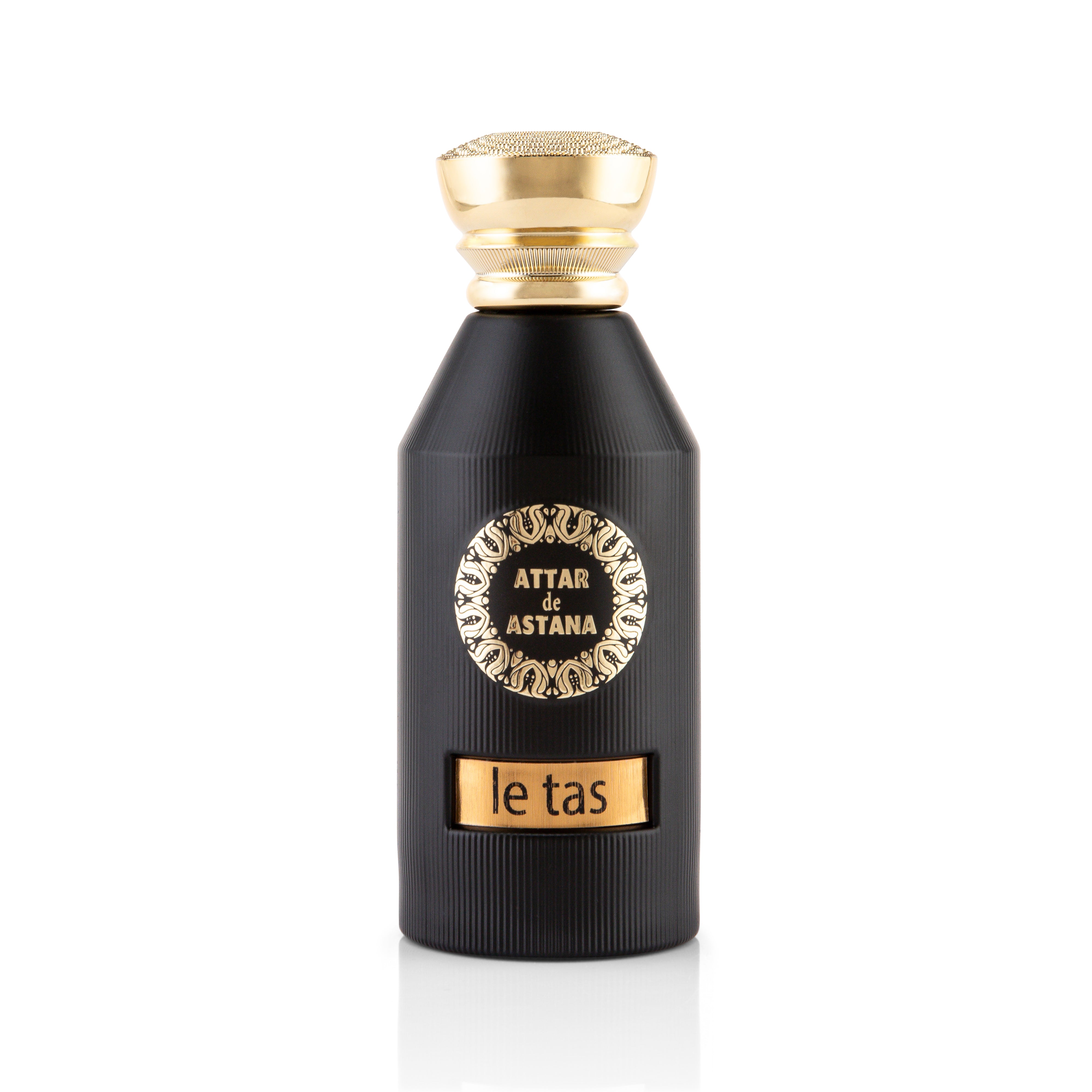 Le Tas 100 ML Extrait De Parfum by Attar de Astana Black perfume bottle with gold cap and decorative label on a white background