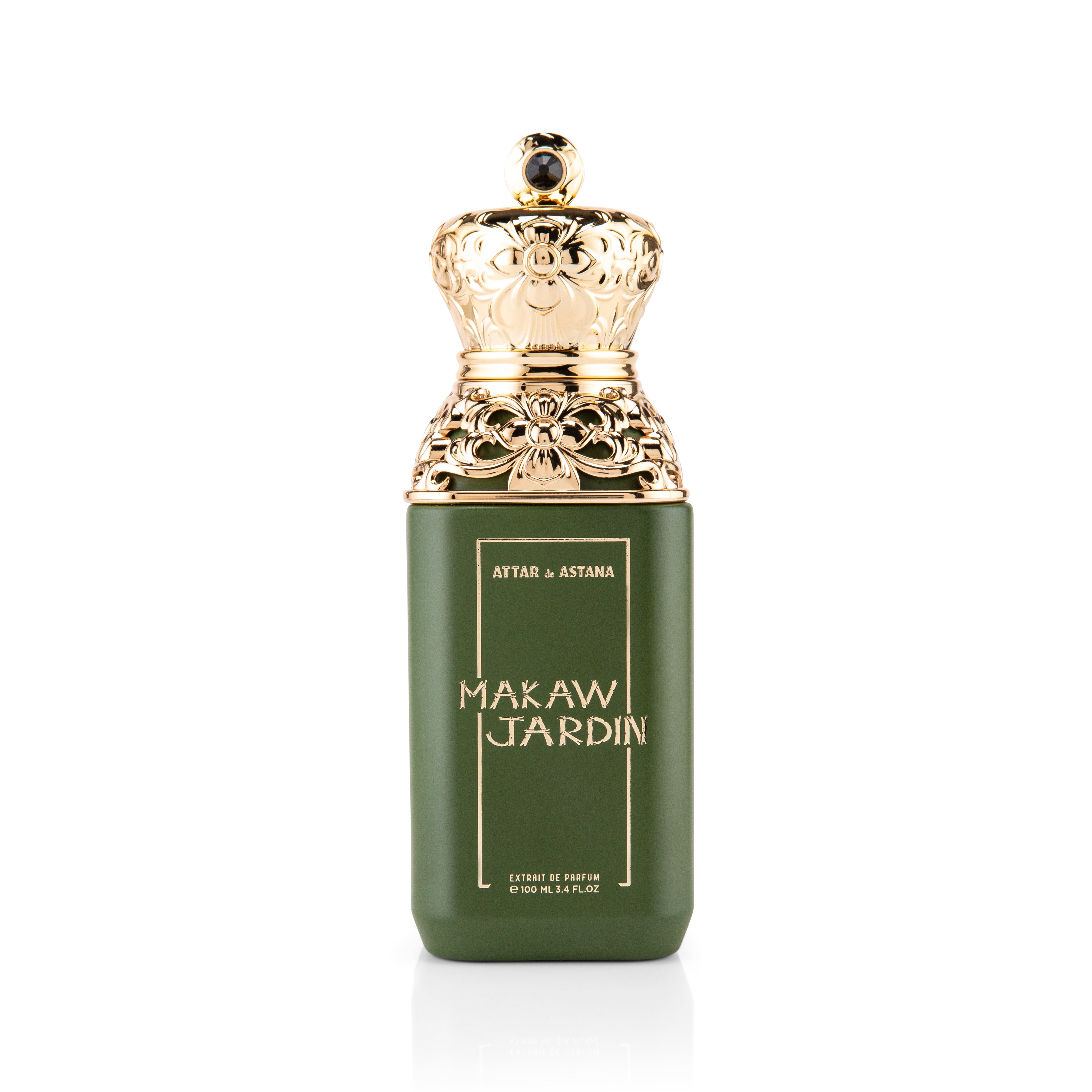 Makaw Jardin 100 ML Extrait De Parfum by Attar de Astana Green perfume bottle with gold cap on a white background