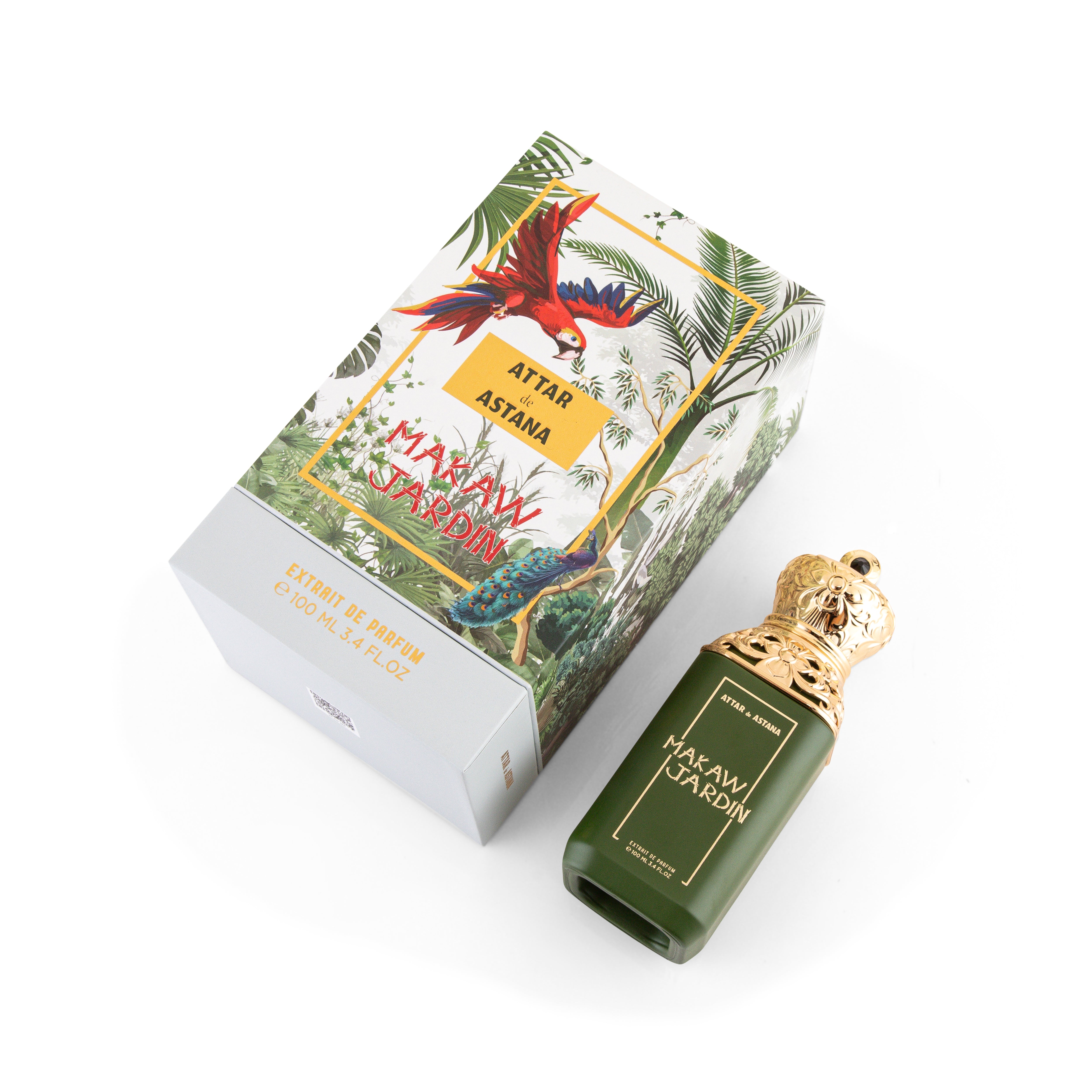 Makaw Jardin 100 ML Extrait De Parfum by Attar de Astana Perfume bottle and packaging with parrot illustration on a white background