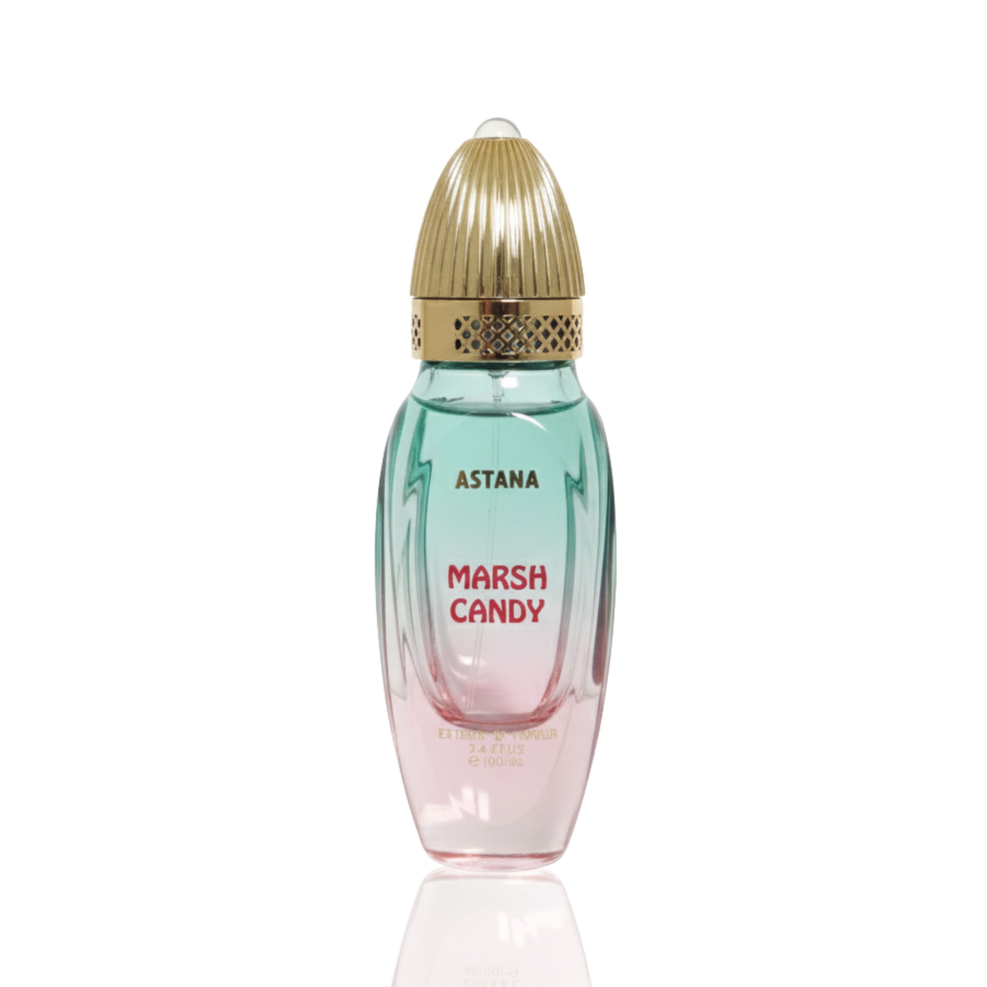 Perfume bottle labeled 'Astana Marsh Candy' 100 ml extrait de parfum by attar de astana on a white background
