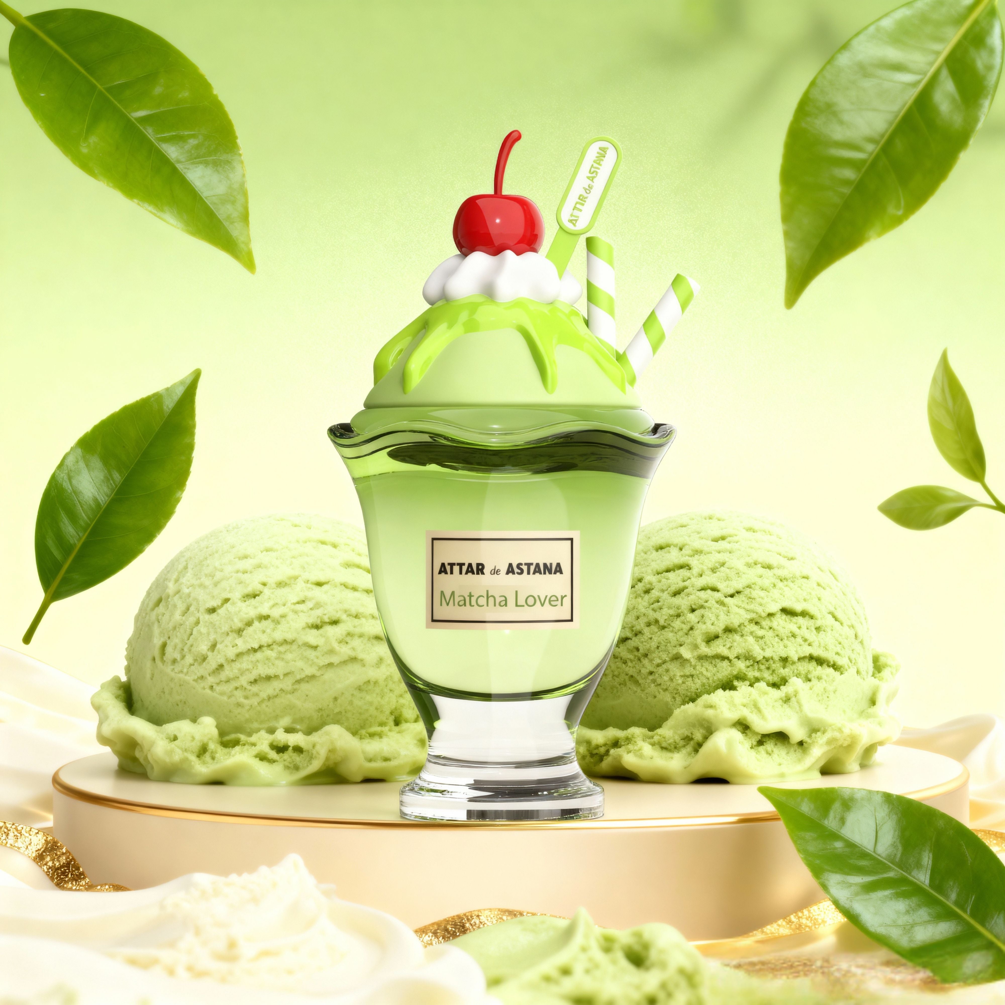 Matcha Lover 100 ML Extrait De Parfum by Attar de Astana with green leaves on a light green background